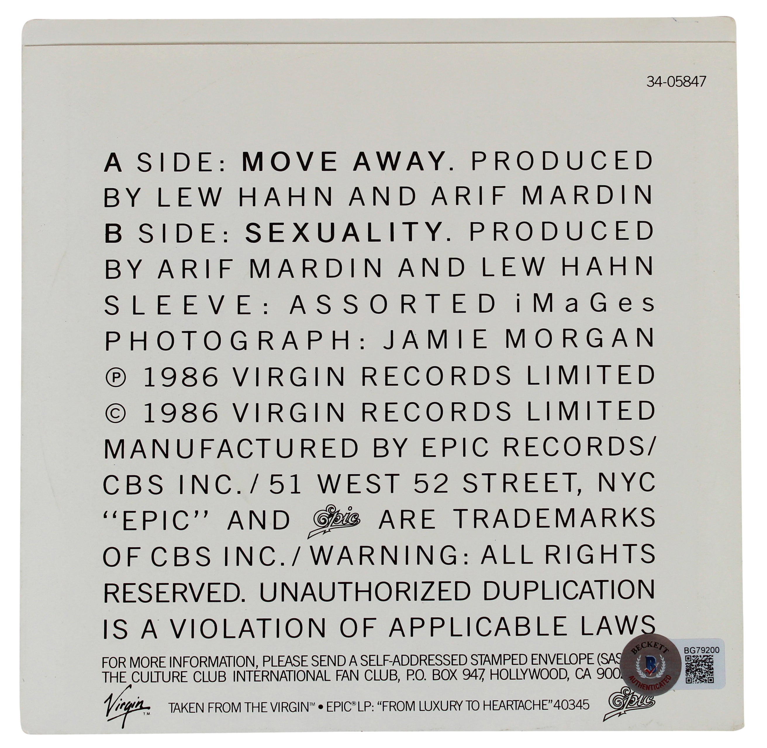 Mikey Craig & Roy Hay Culture Club Signed Move Away 45 Album Cover BAS #BG79200