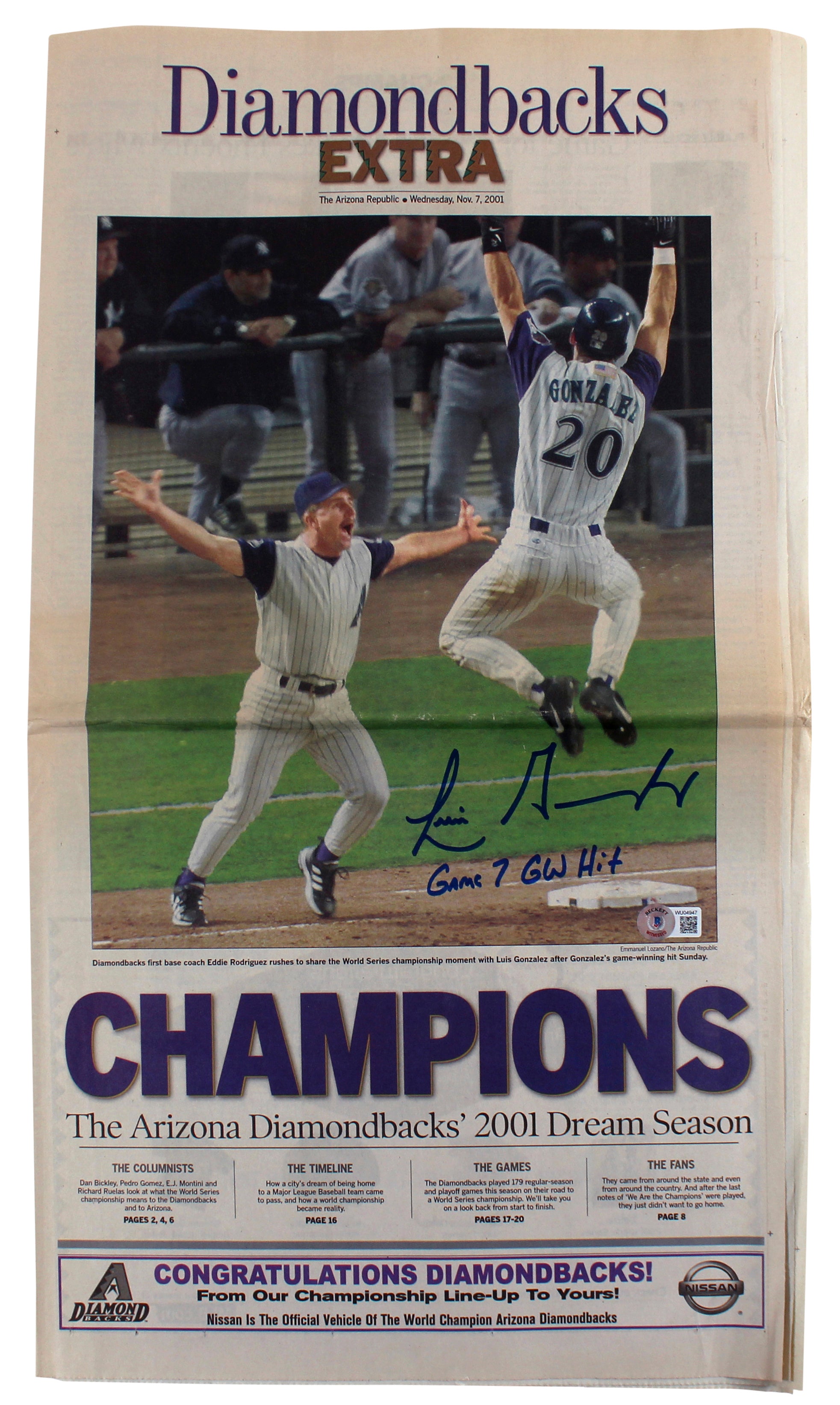 D-Backs Luis Gonzalez "Game 7 GW Hit" Signed AZ Republic Newspaper BAS #WU04947