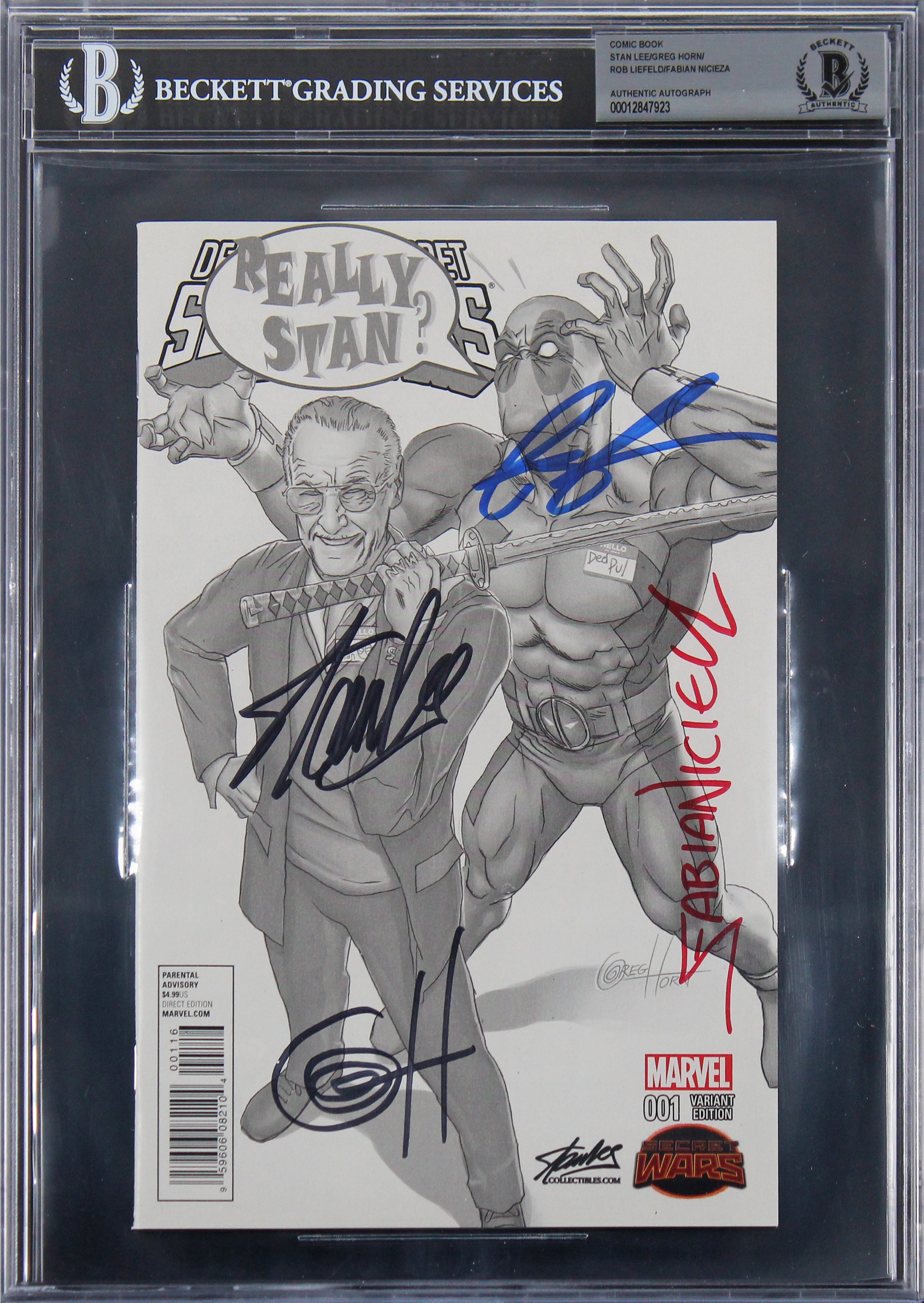 (4) Stan Lee, Horn, Liefeld & Nicieza Signed Deadpool 001 Variant Comic BAS Slab