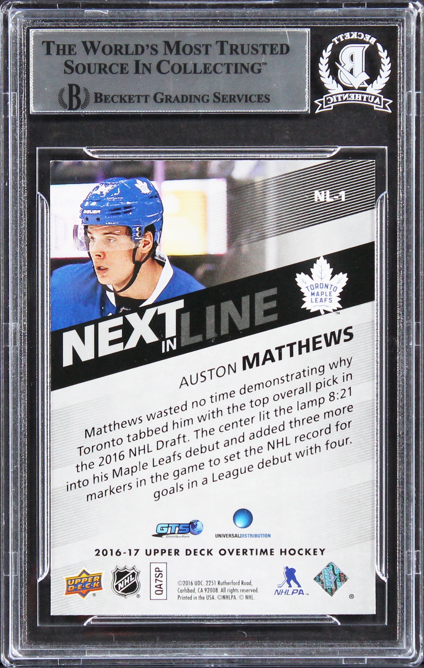 Auston Matthews Signed 2016 Upper Deck Overtime NIL #NL1 Rookie Card BAS Slabbed