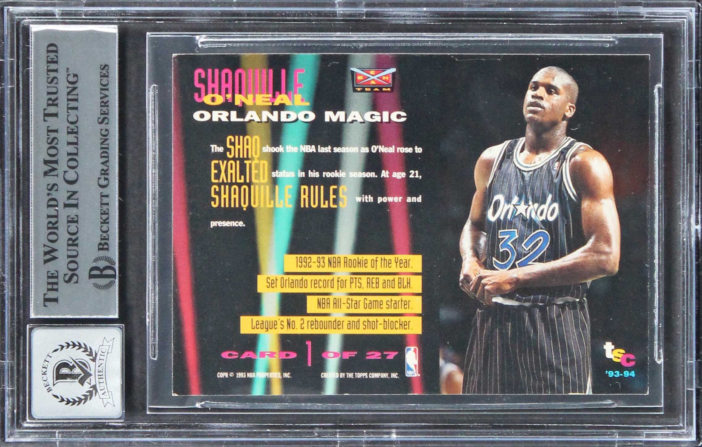 Shaquille O'Neal Signed 1993 Stadium Club Beam Team #1 Card Auto 10! BAS Slabbed