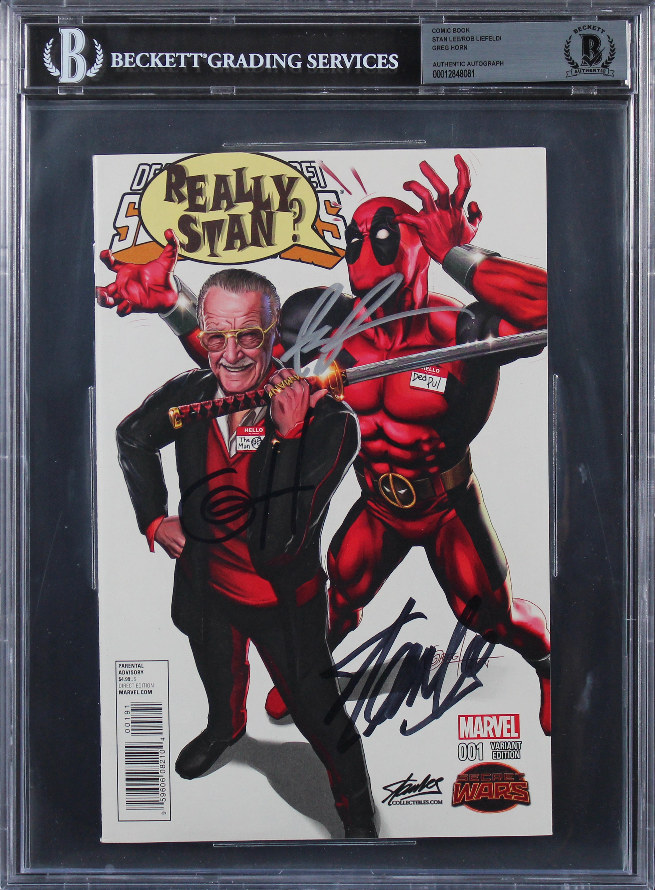 (3) Stan Lee, Liefeld & Horn Signed Deadpool 001 Variant Edition Comic BAS Slab