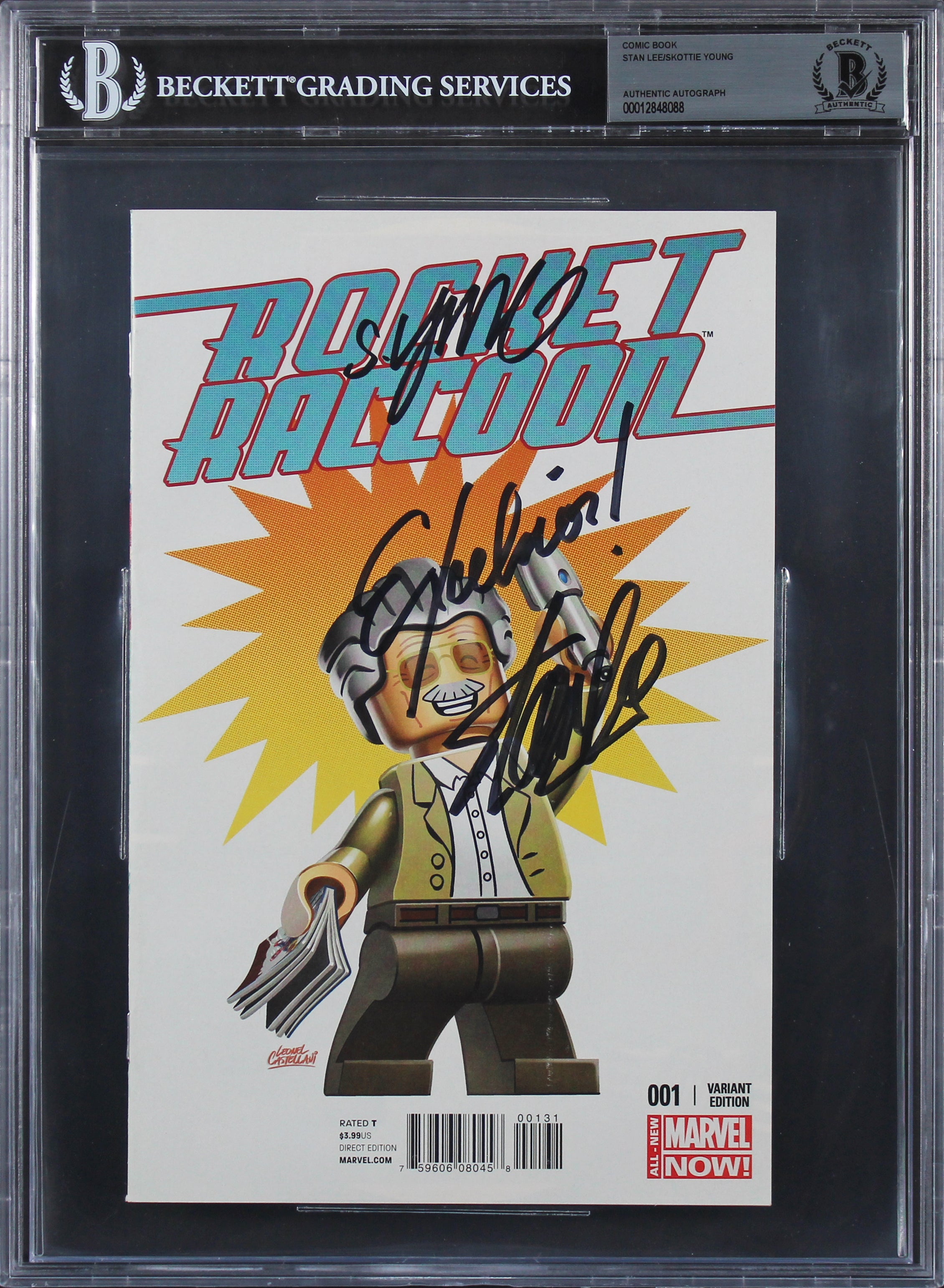 Stan Lee & Skottie Young Excelsior! Signed Rocket Raccoon 001 Var Comic BAS Slab
