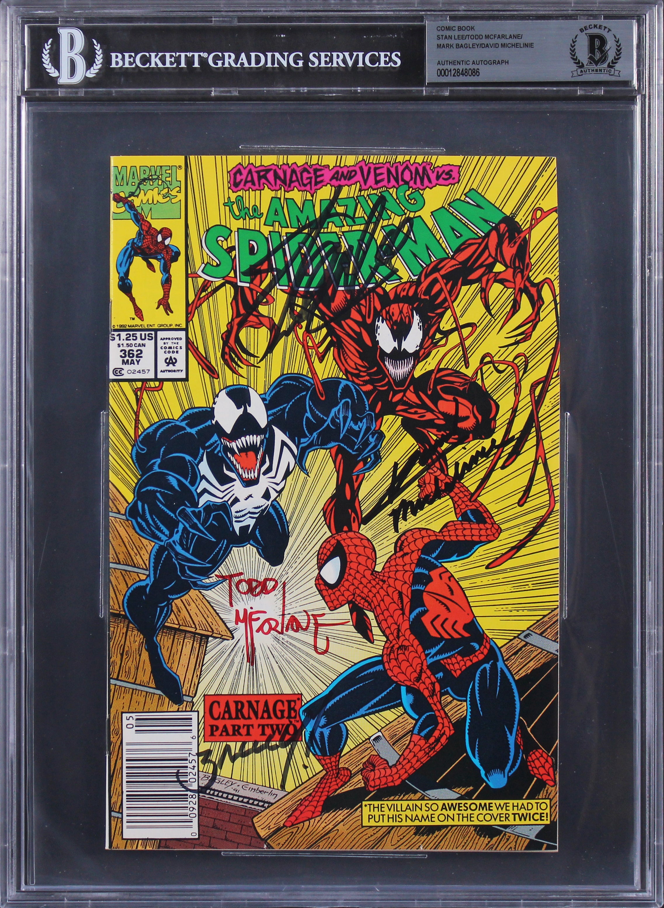 (4) Stan Lee, McFarlane +2 Signed Spider-Man #362 Carnage Part 2 Comic BAS Slab