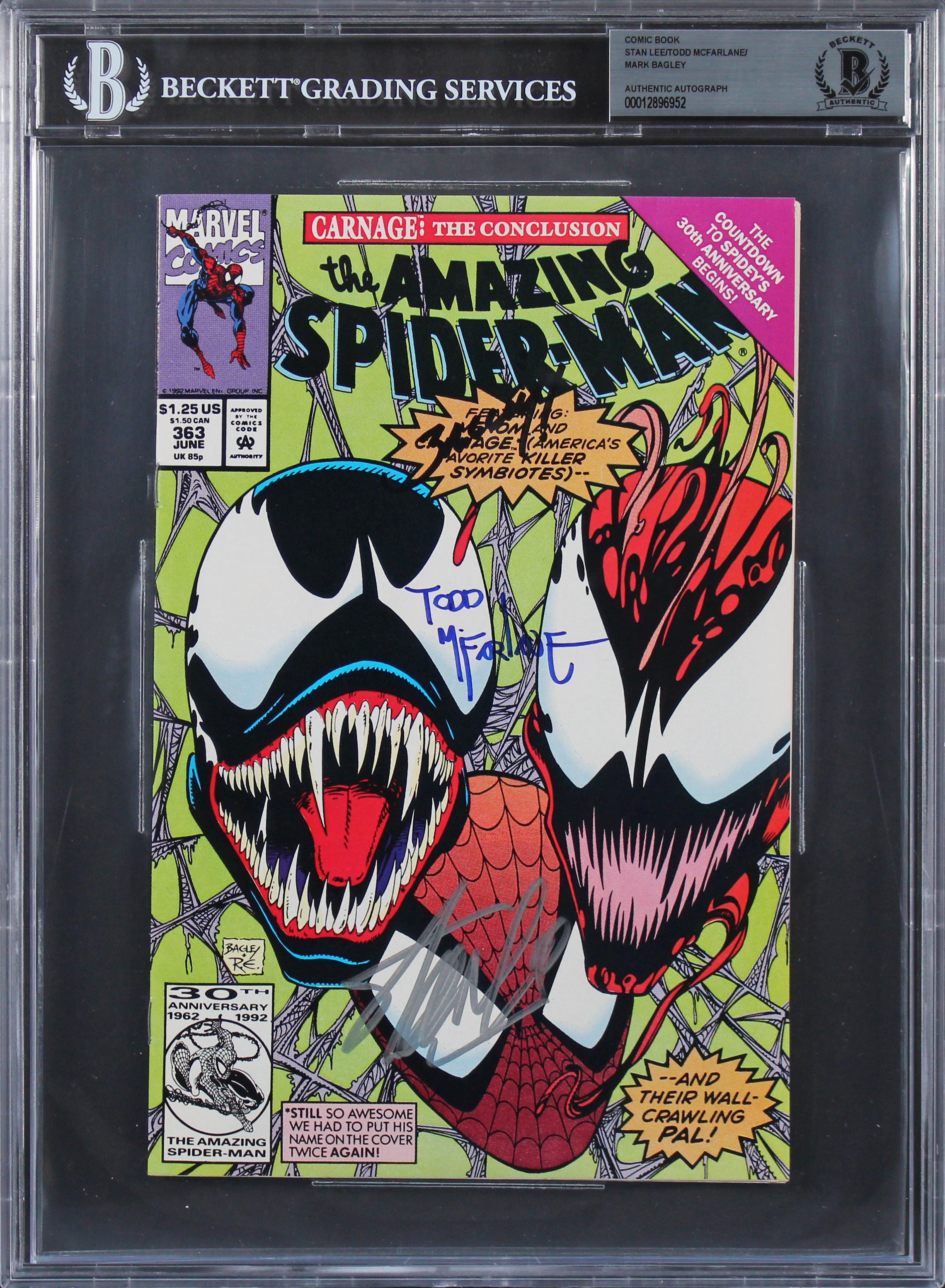 (3) Stan Lee, McFarlane & Bagley Signed Spider-Man #363 Carnage Comic BAS Slab