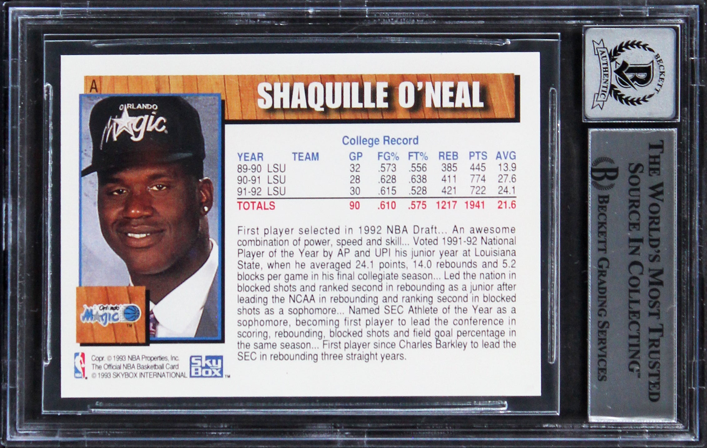 Shaquille O'Neal Signed 1992 Hoops Draft Redemption #A RC Card Auto 10! BAS Slab