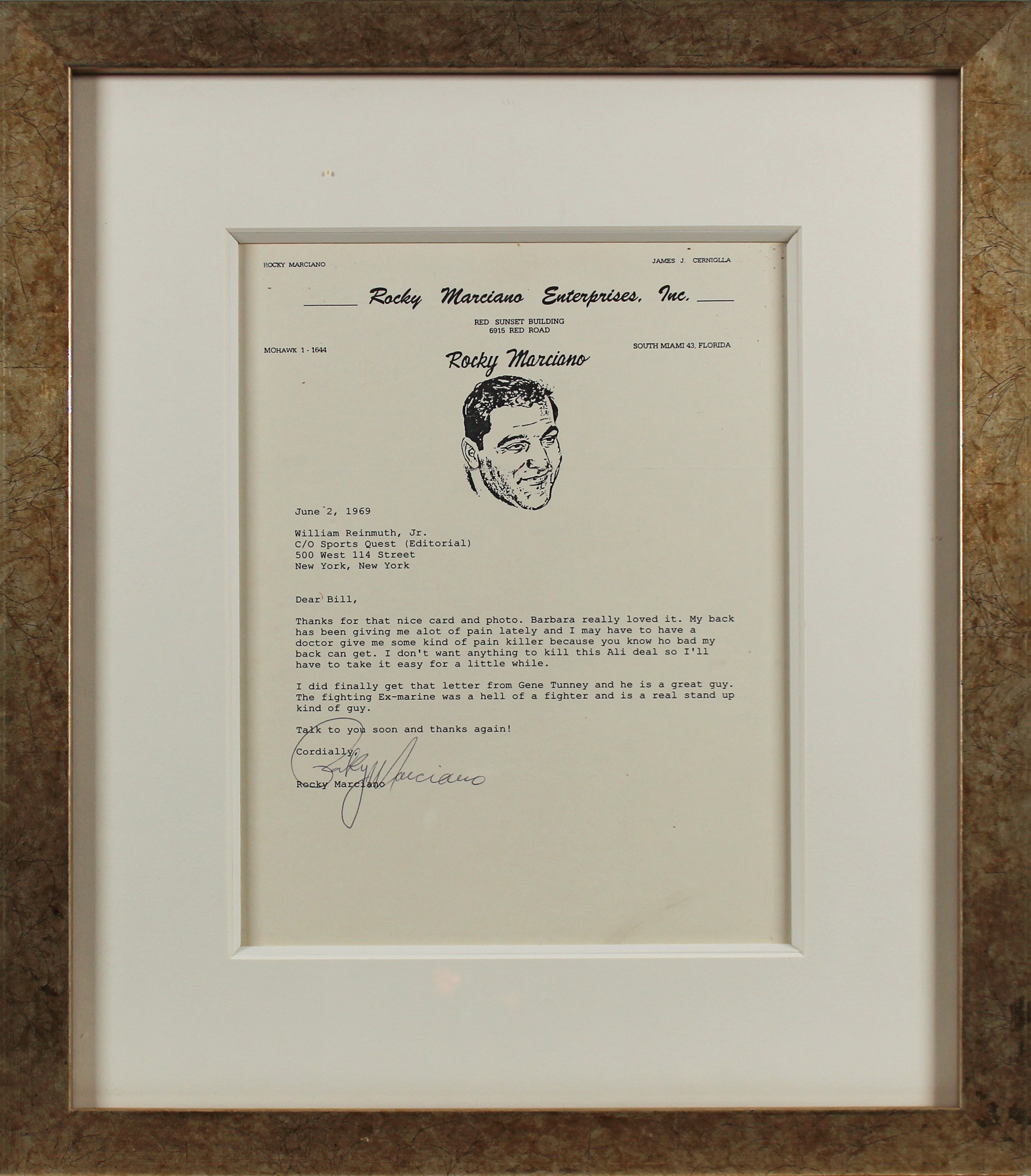 Rocky Marciano Authentic Signed & Framed 1969 Typed Letter PSA/DNA #E71356