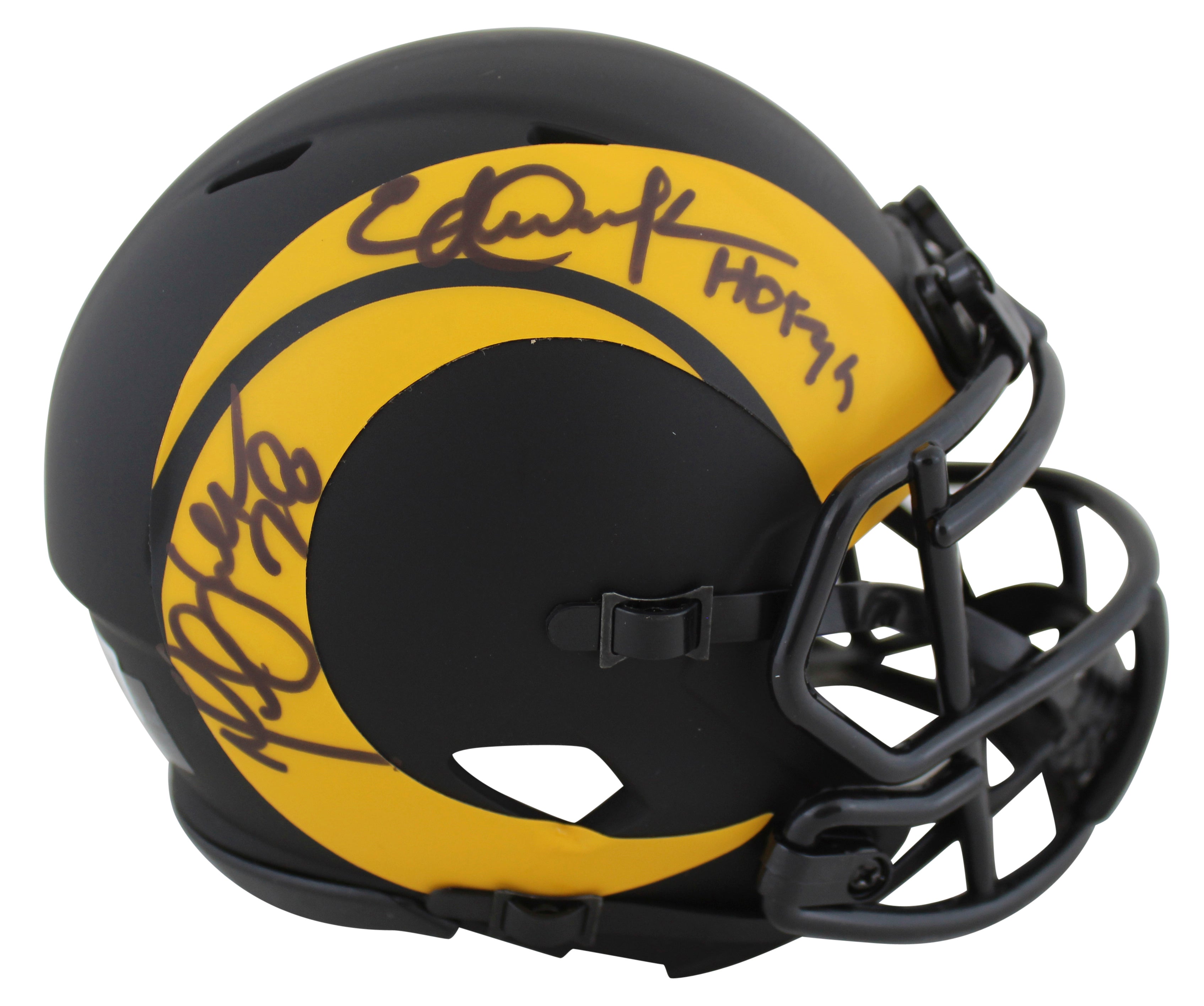 Rams Eric Dickerson & Marshall Faulk Signed Eclipse Speed Mini Helmet BAS Wit