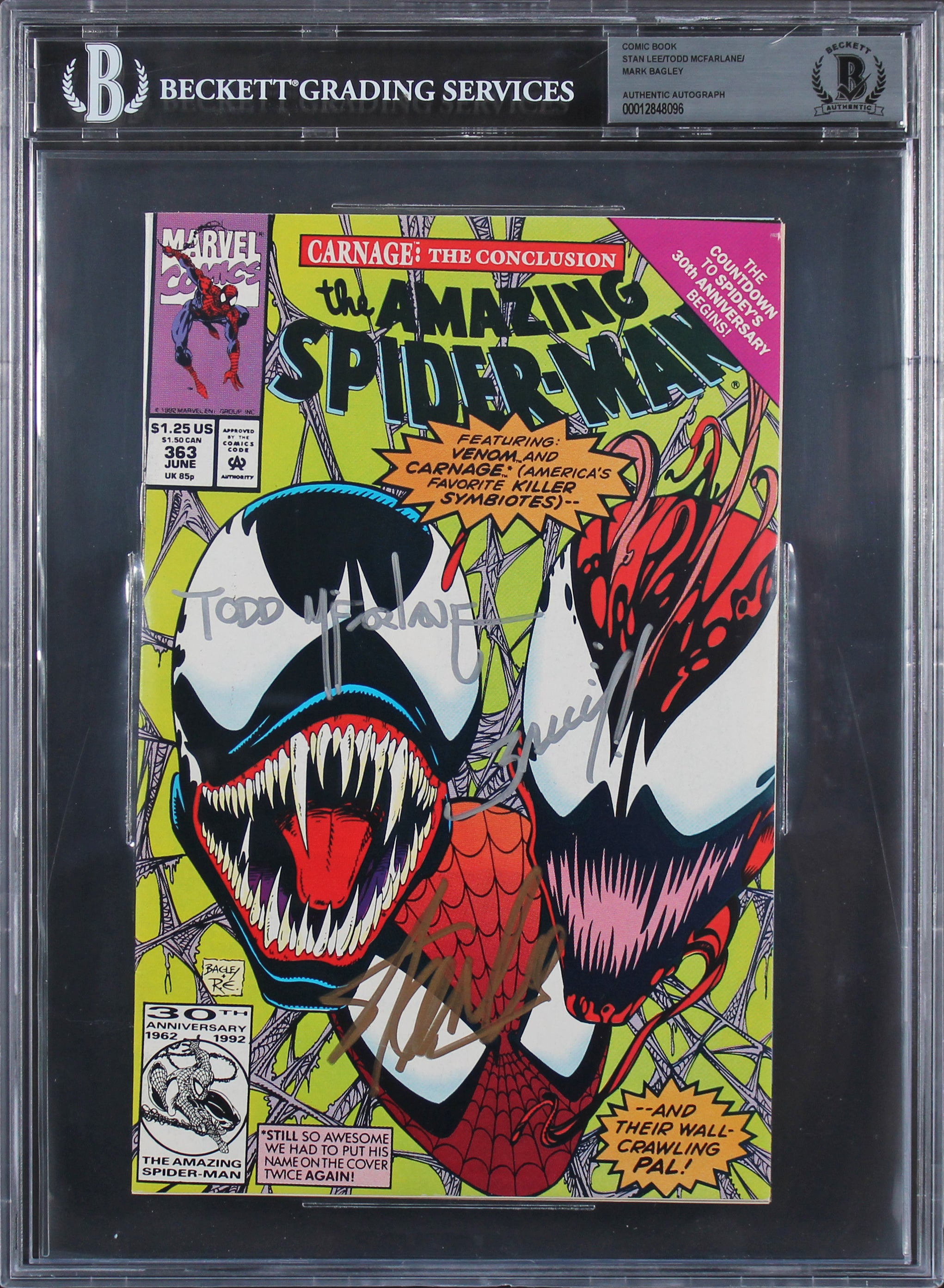 (3) Stan Lee, McFarlane & Bagley Signed Spider-Man #363 Carnage Comic BAS Slab