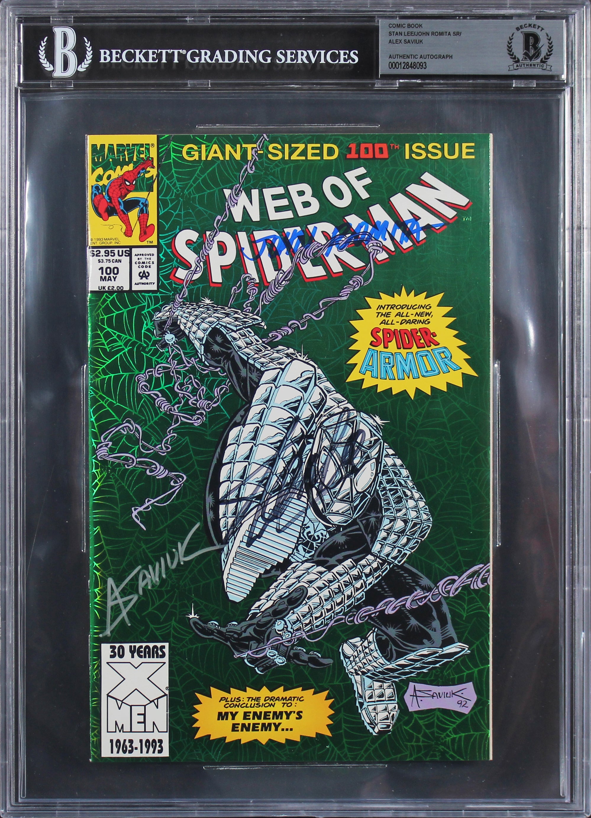 (3) Stan Lee, Romita Sr., & Saviuk Signed Web Of Spider-Man #100 Comic BAS Slab