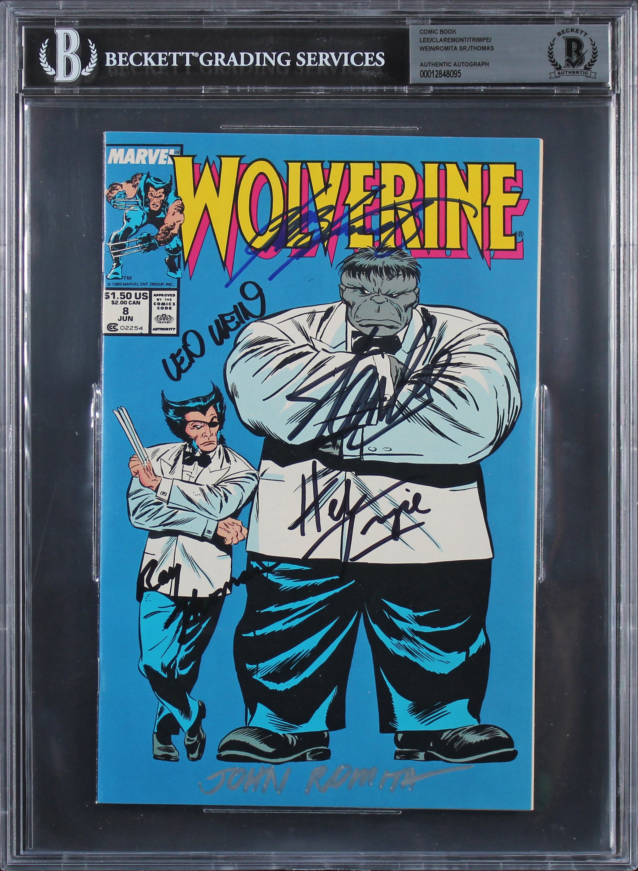 (3) Stan Lee, Claremont, Trimpe, Wein +2 Signed Wolverine #8 Comic BAS Slabbed