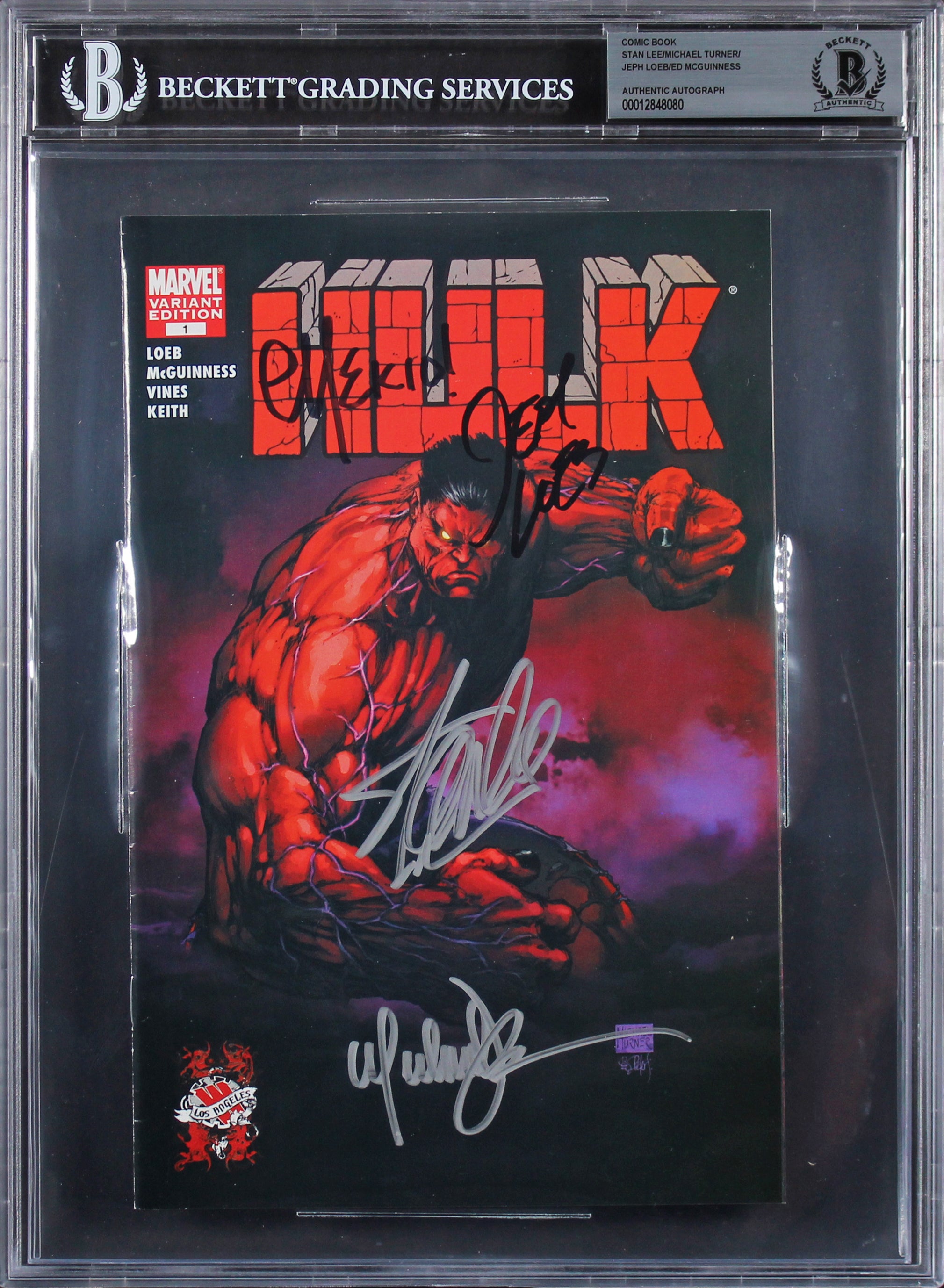 (4) Stan Lee, Turner, Loeb & McGuinness Signed Hulk Variant Ed #1 Comic BAS Slab