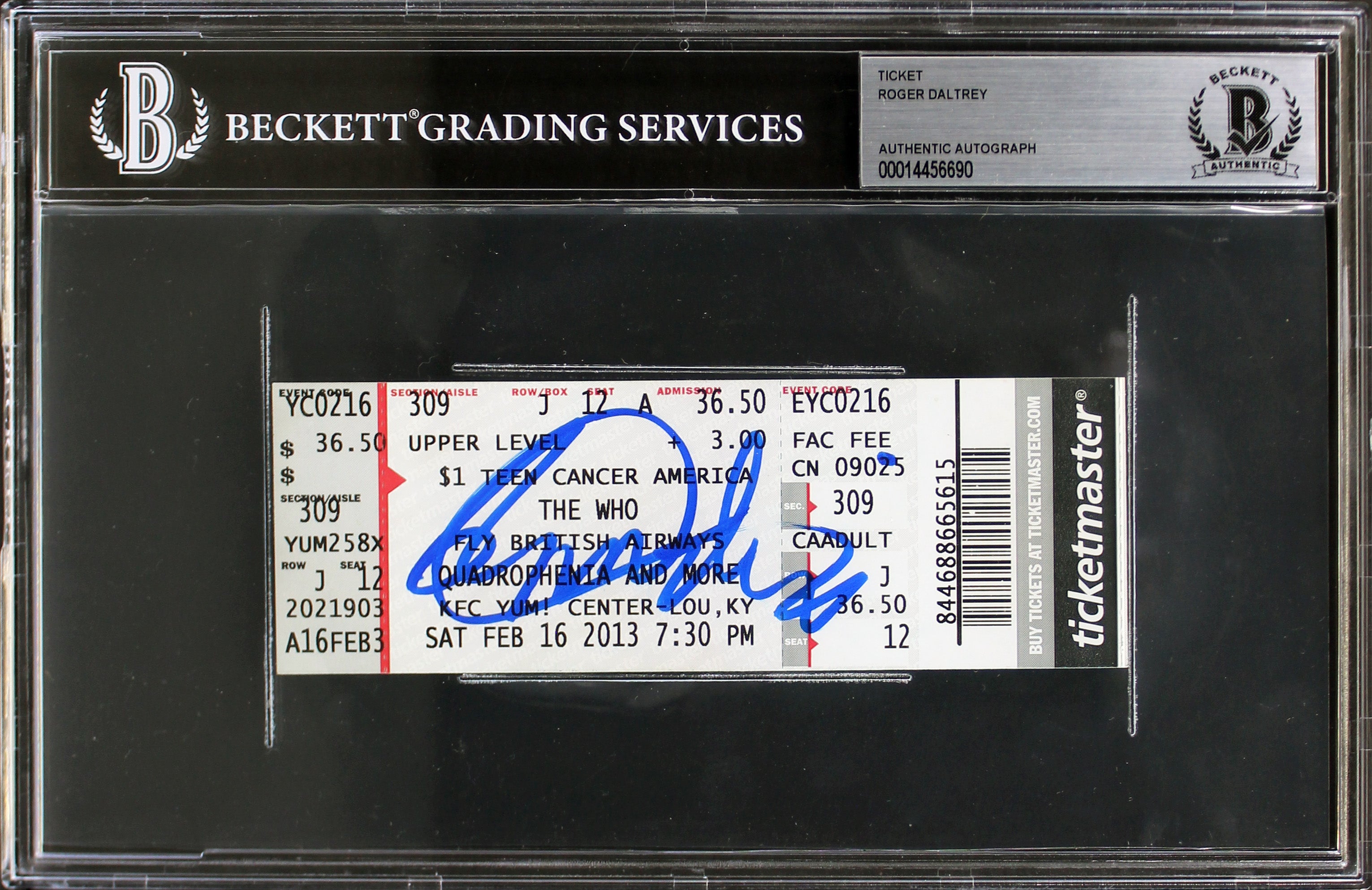Roger Daltrey The Who Authentic Signed February 16, 2013 Ticket Stub BAS Slabbed