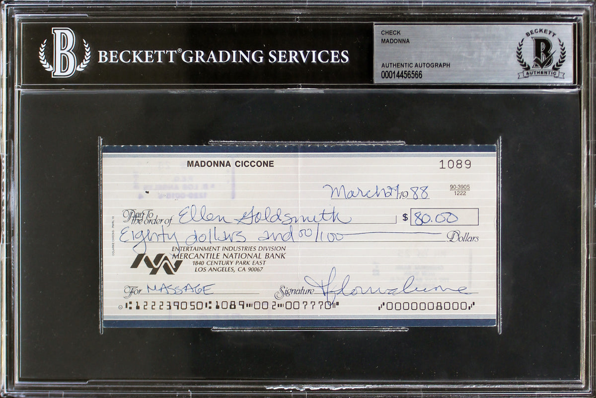 Madonna Authentic Signed 2.75x6 Personal Check Dated March 27, 1988 BAS Slabbed