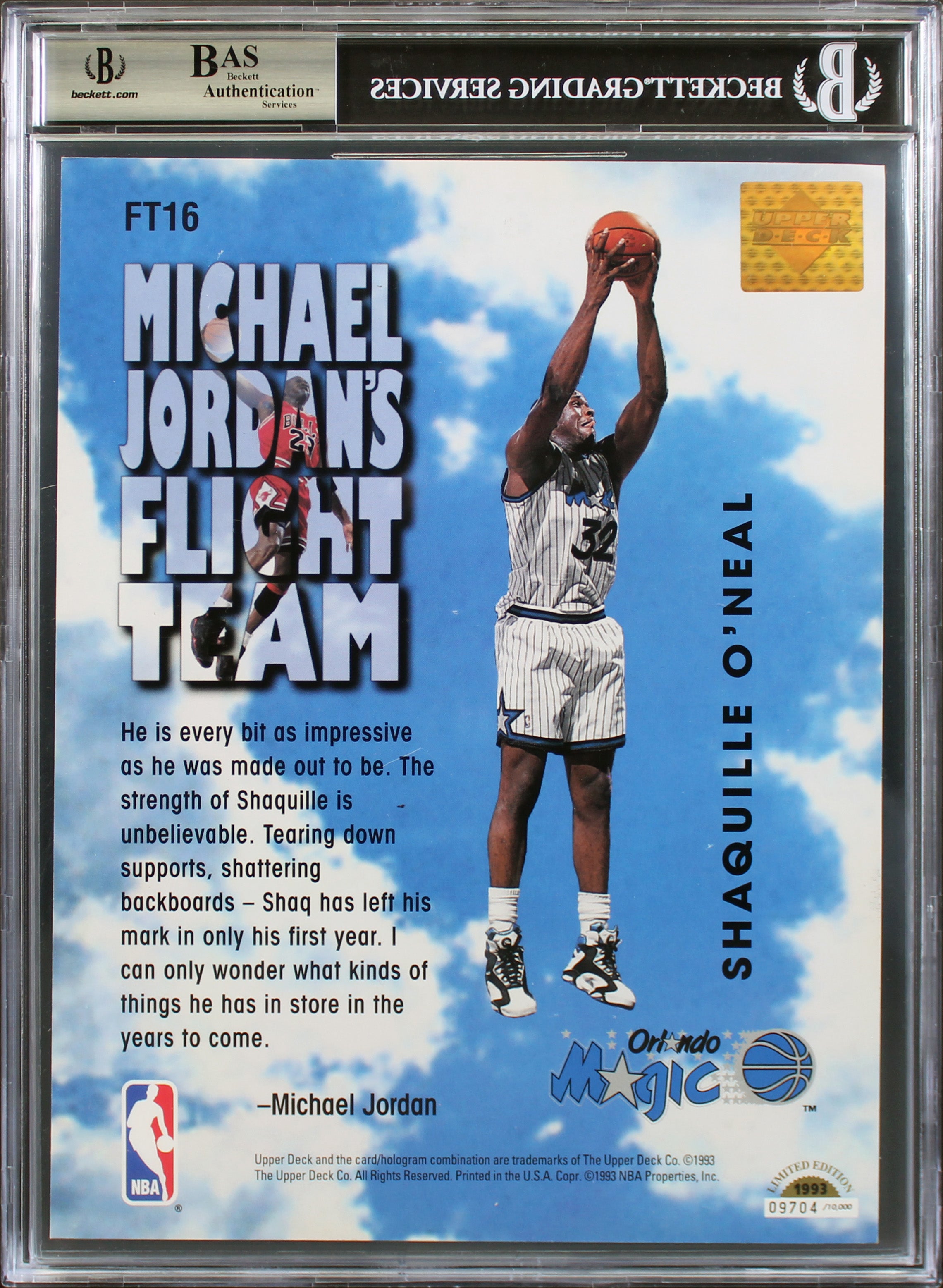 Magic Shaquille O'Neal Signed 8.25x10.75 1993 UD Flight Team #FT16 Card BAS Slab