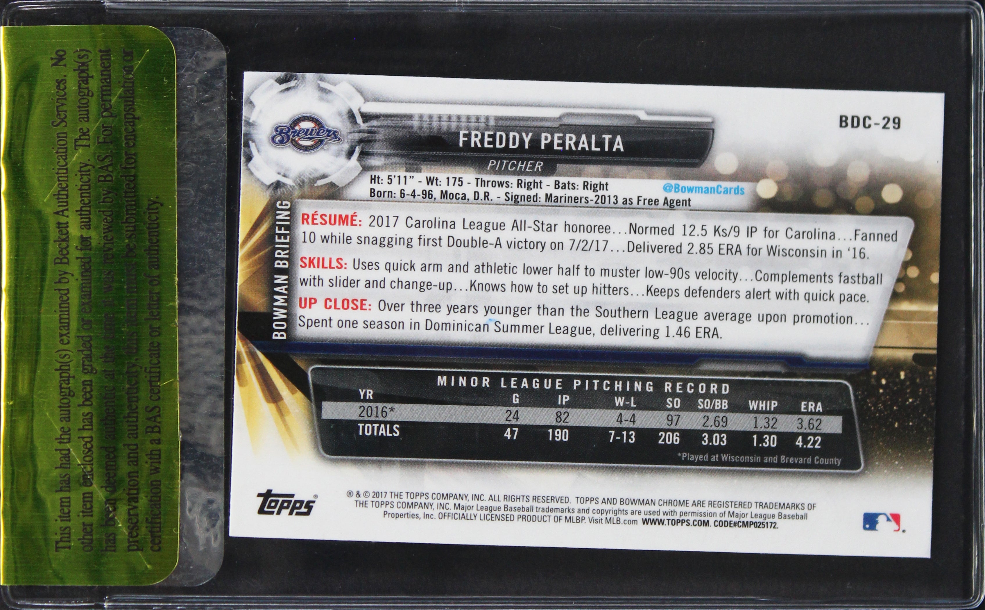 Brewers Freddy Peralta Authentic Signed 2017 Topps #BDC-29 Card BAS #11280