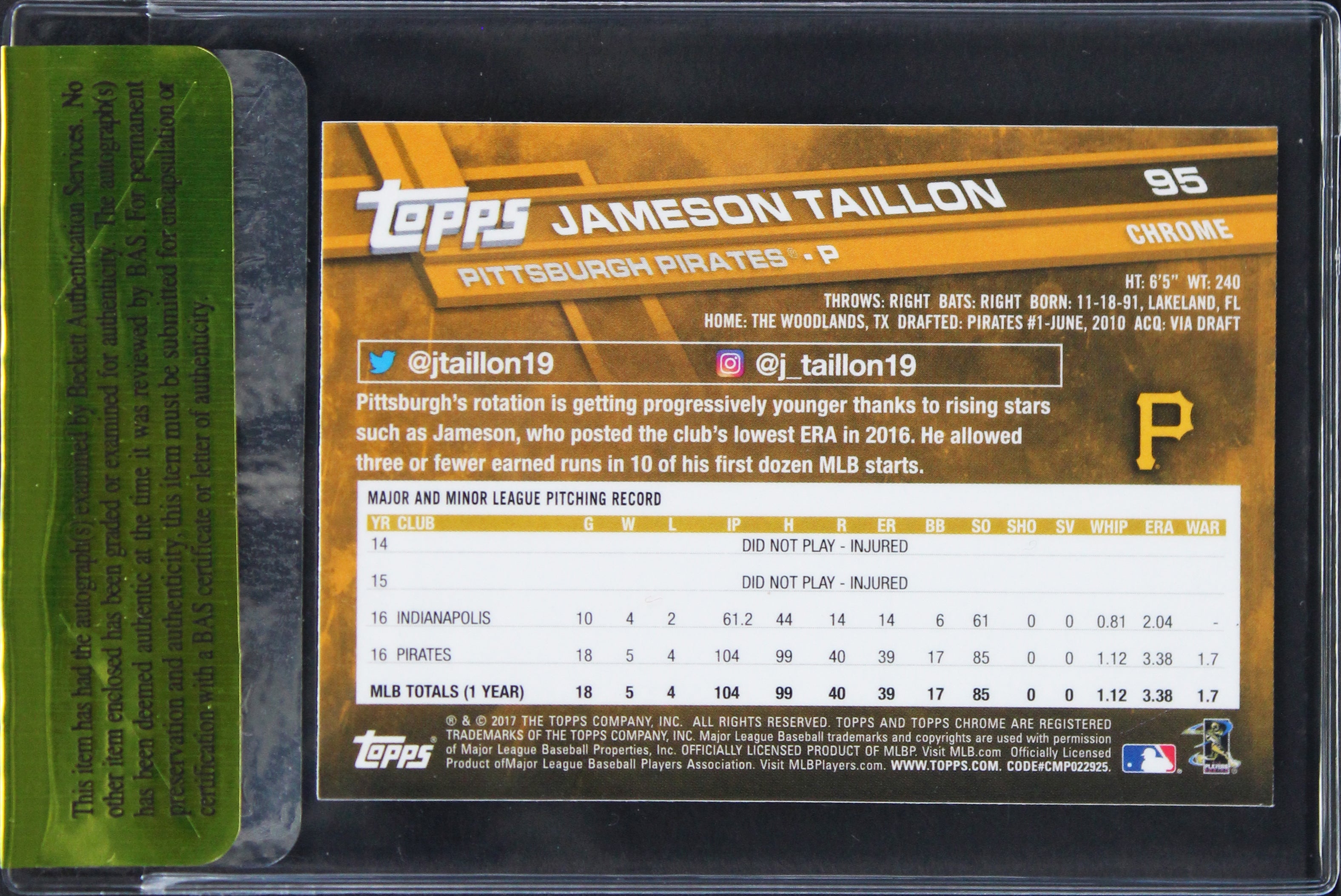 Padres Jameson Taillon Authentic Signed 2017 Topps Chrome #95 Card BAS #11279