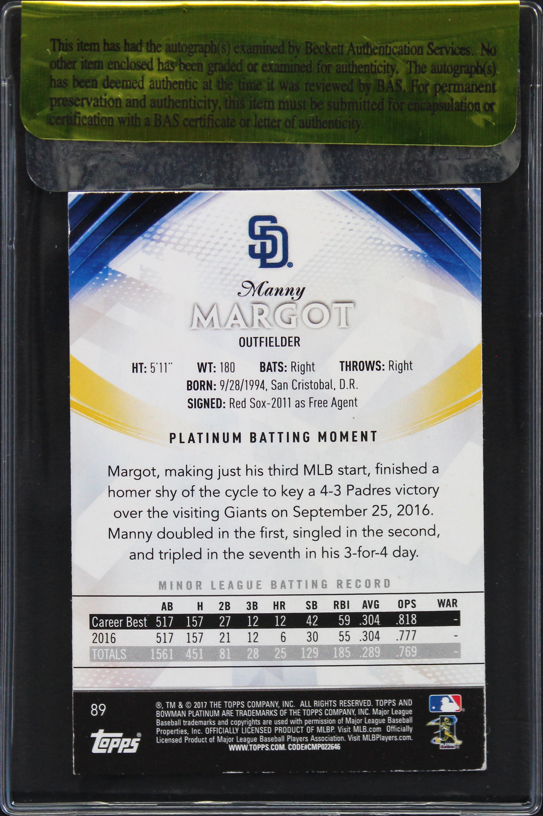 Padres Manny Margot Signed 2017 Bowman Platinum #89 Rookie Card BAS #11275