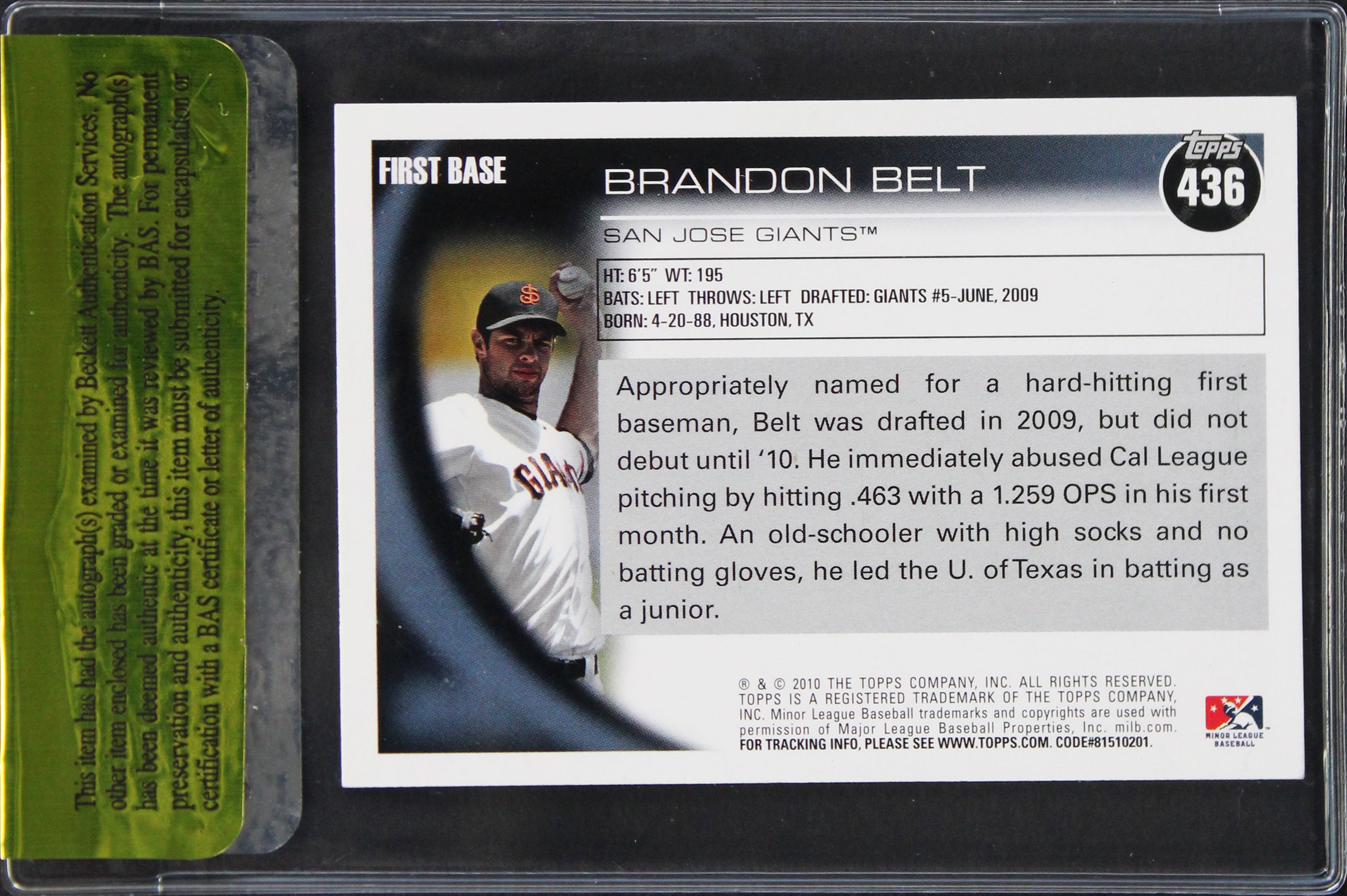 Giants Brandon Belt Signed 2010 Topps Pro Debut #436 Rookie Card BAS #11271
