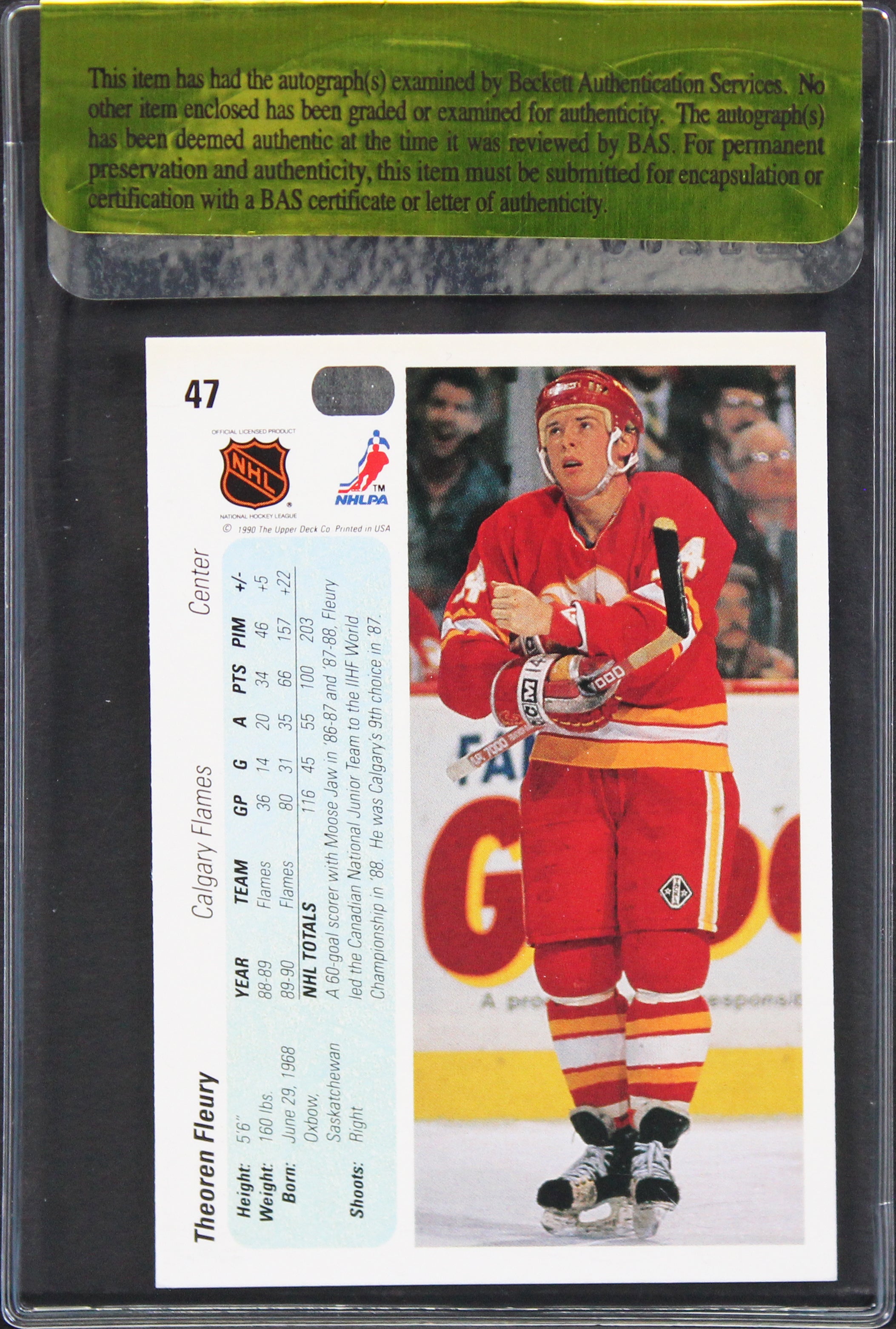 Flames Theo Fleury Authentic Signed 1990 Upper Deck #47 Card BAS #11269