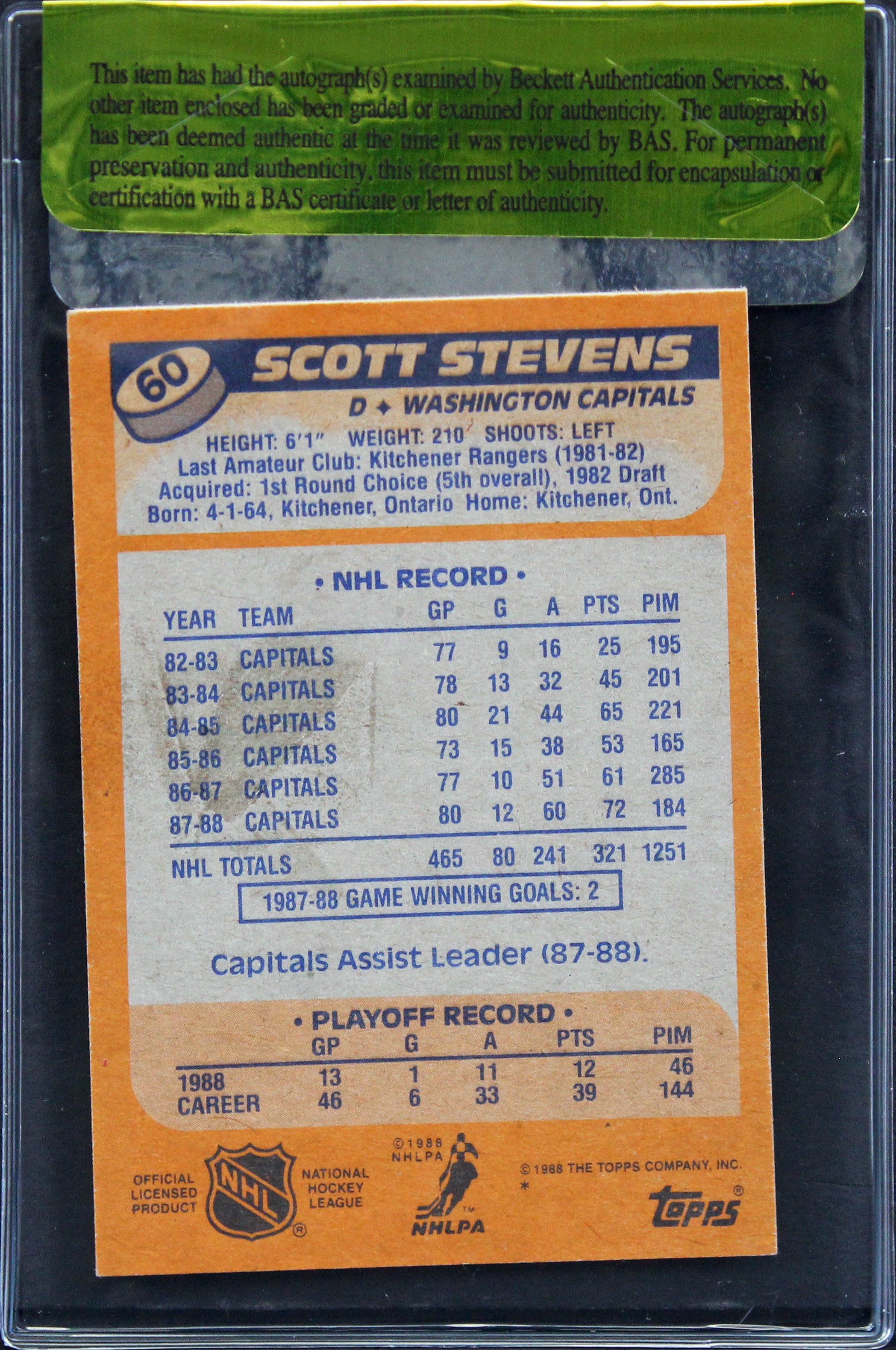 Capitals Scott Stevens Authentic Signed 1988 Topps #60 Card BAS #11268