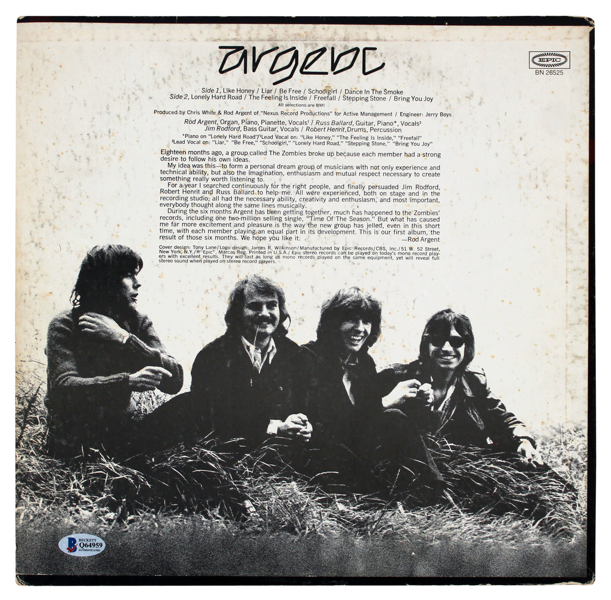 Rod Argent Argent Authentic Signed Nexus Album Cover W/ Vinyl BAS #Q64959