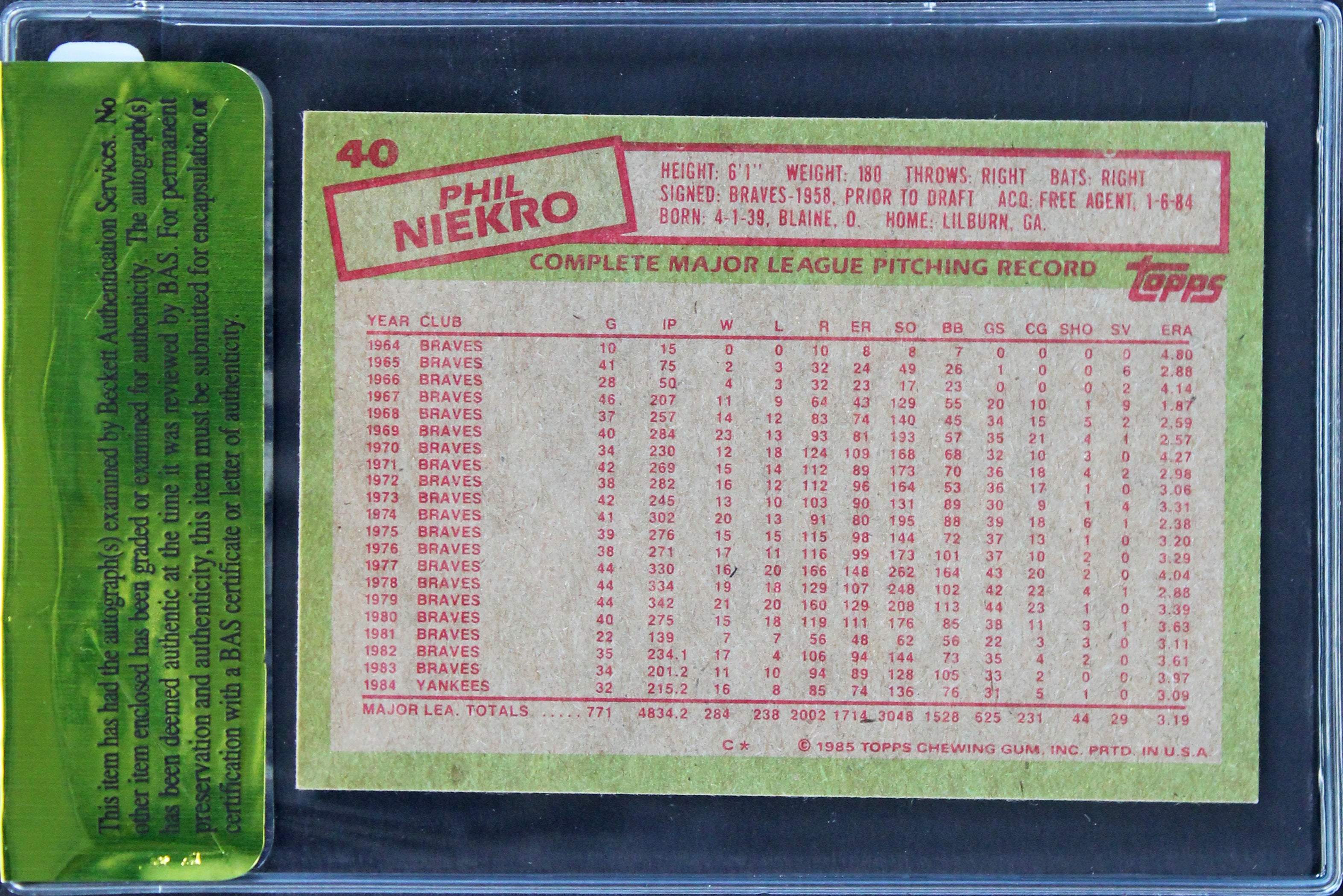 Yankees Phil Niekro Authentic Signed 1985 Topps #40 Card Autographed BAS #11253