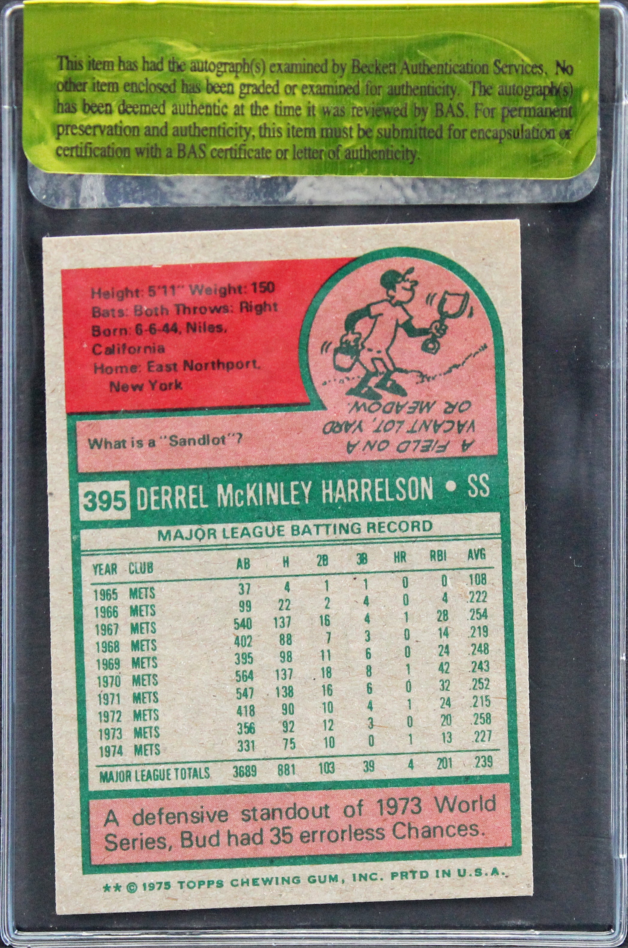 Mets Bud Harrelson Authentic Signed 1975 Topps #395 Card Autographed BAS #11252