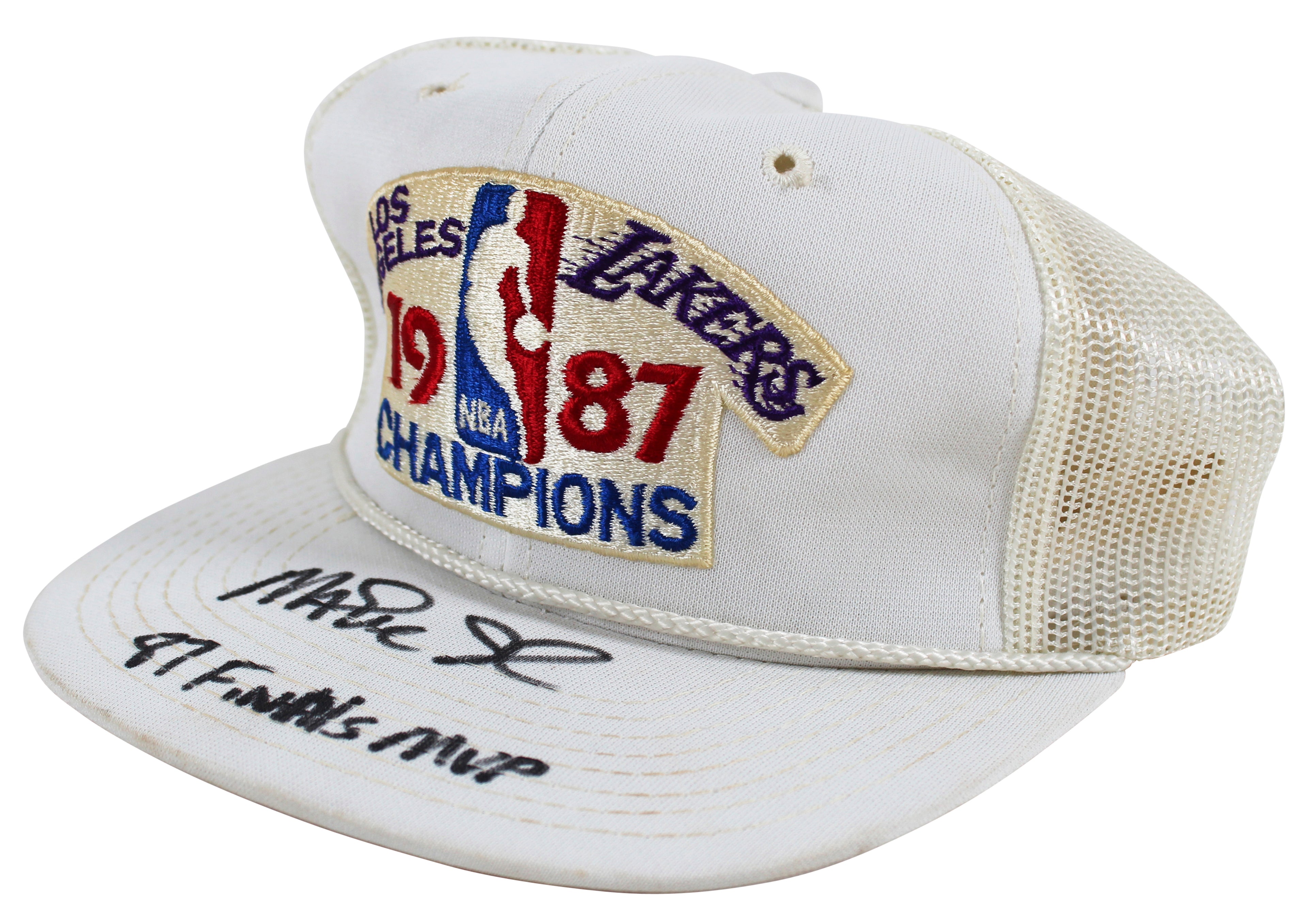 Lakers Magic Johnson "1987 Finals MVP" Signed 1987 World Champ White Hat BAS Wit