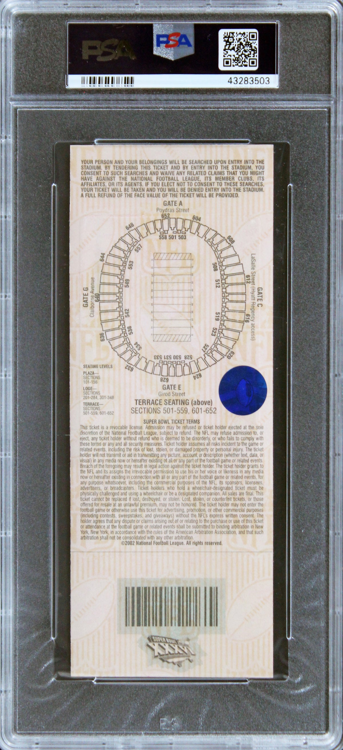 Patriots Tom Brady Signed Super Bowl XXXVI Full Ticket Stub Auto 9! PSA Slabbed