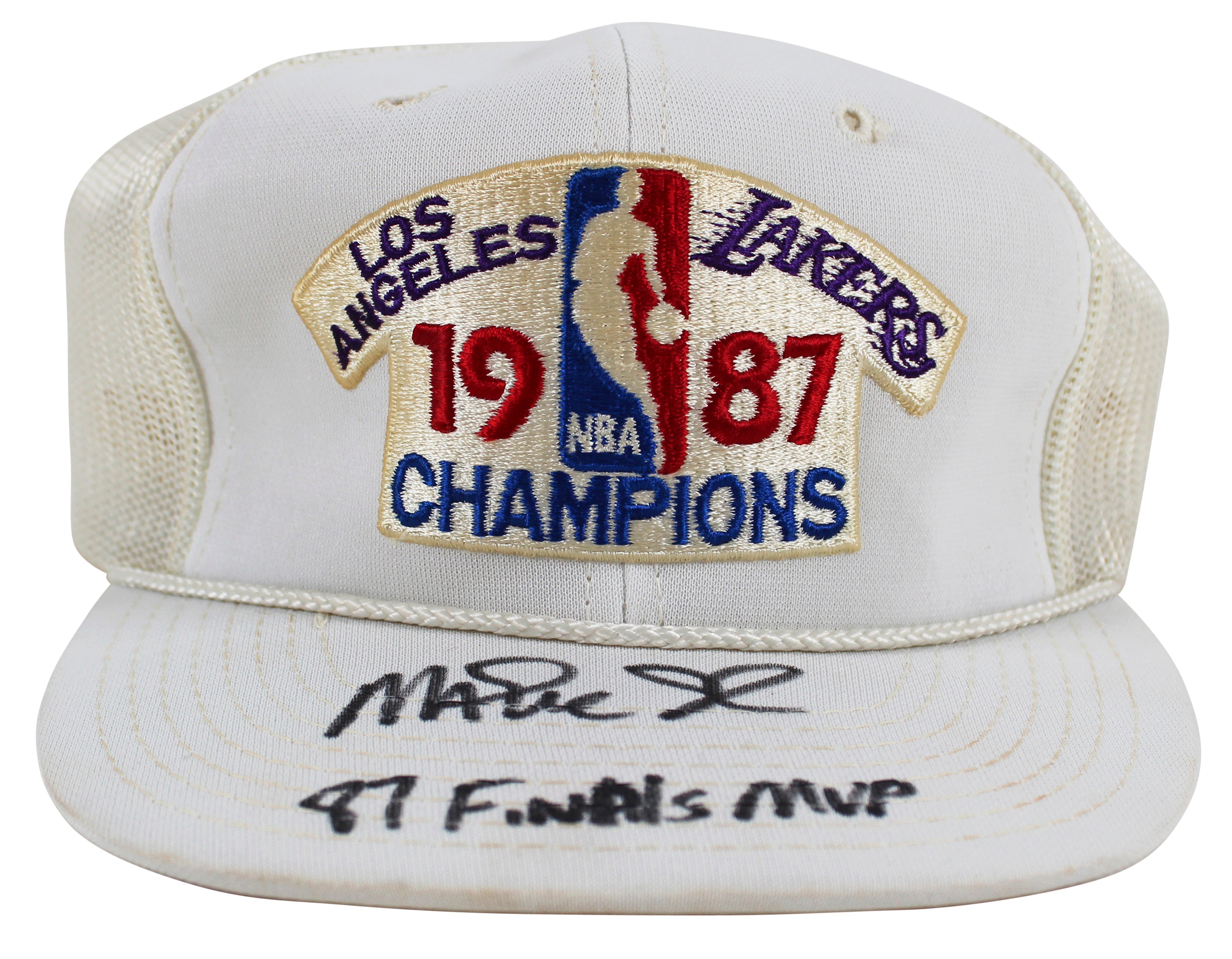 Lakers Magic Johnson "1987 Finals MVP" Signed 1987 World Champ White Hat BAS Wit