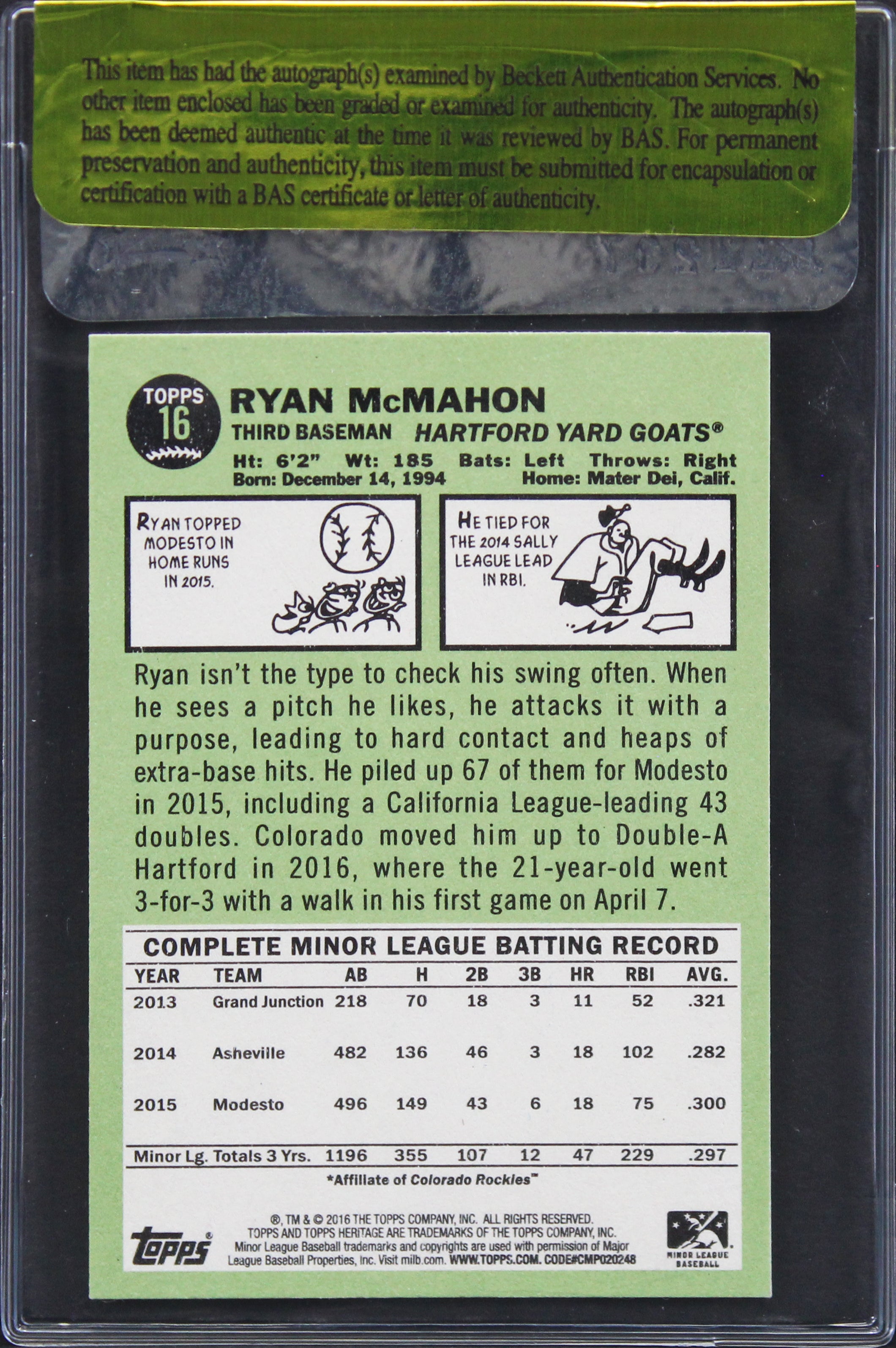 Rockies Ryan McMahon Authentic Signed 2016 Topps Heritage #16 Card BAS #11237