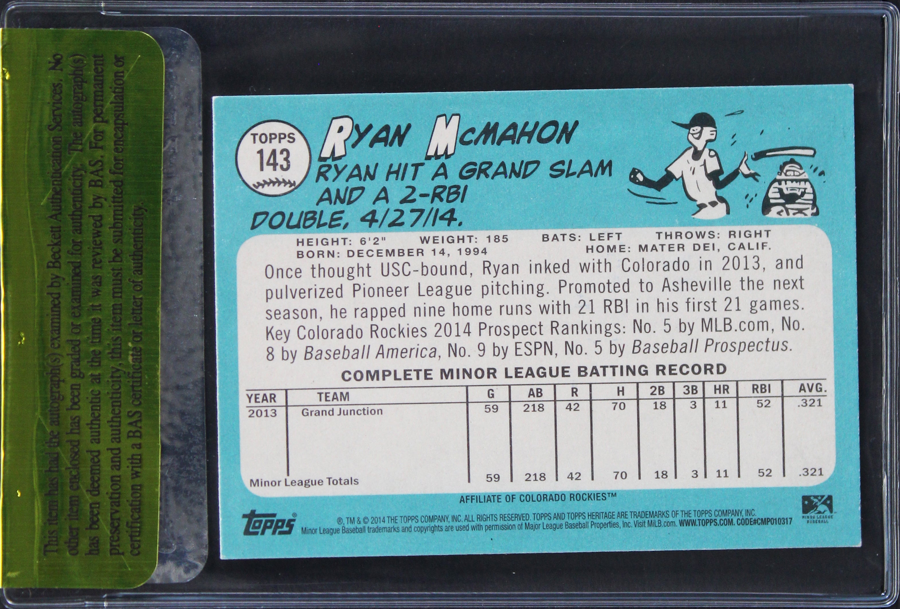 Rockies Ryan McMahon Authentic Signed 2014 Topps Heritage #143 Card BAS #11234