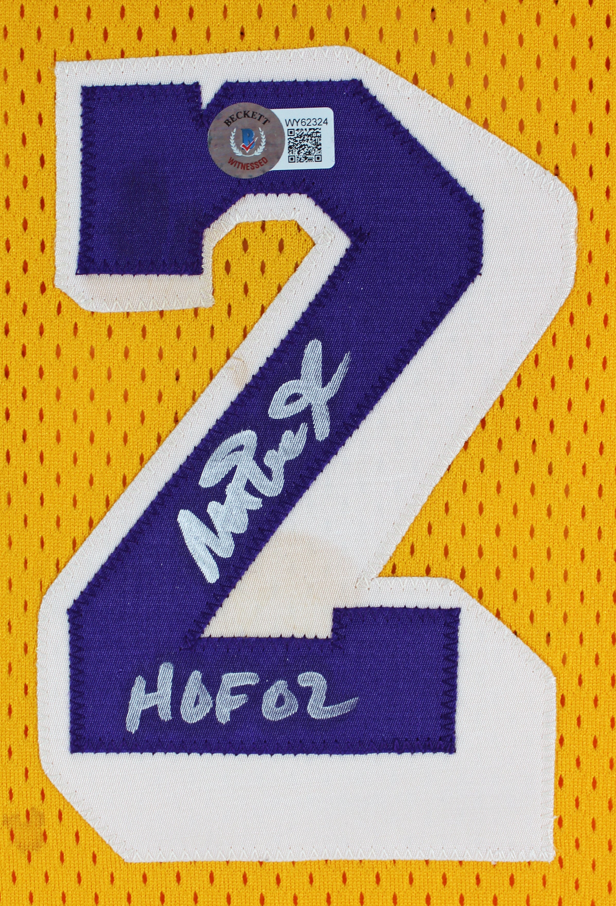 Lakers Magic Johnson "HOF 02" Signed Yellow MacGregor Sand-Knit Jersey BAS Wit 3