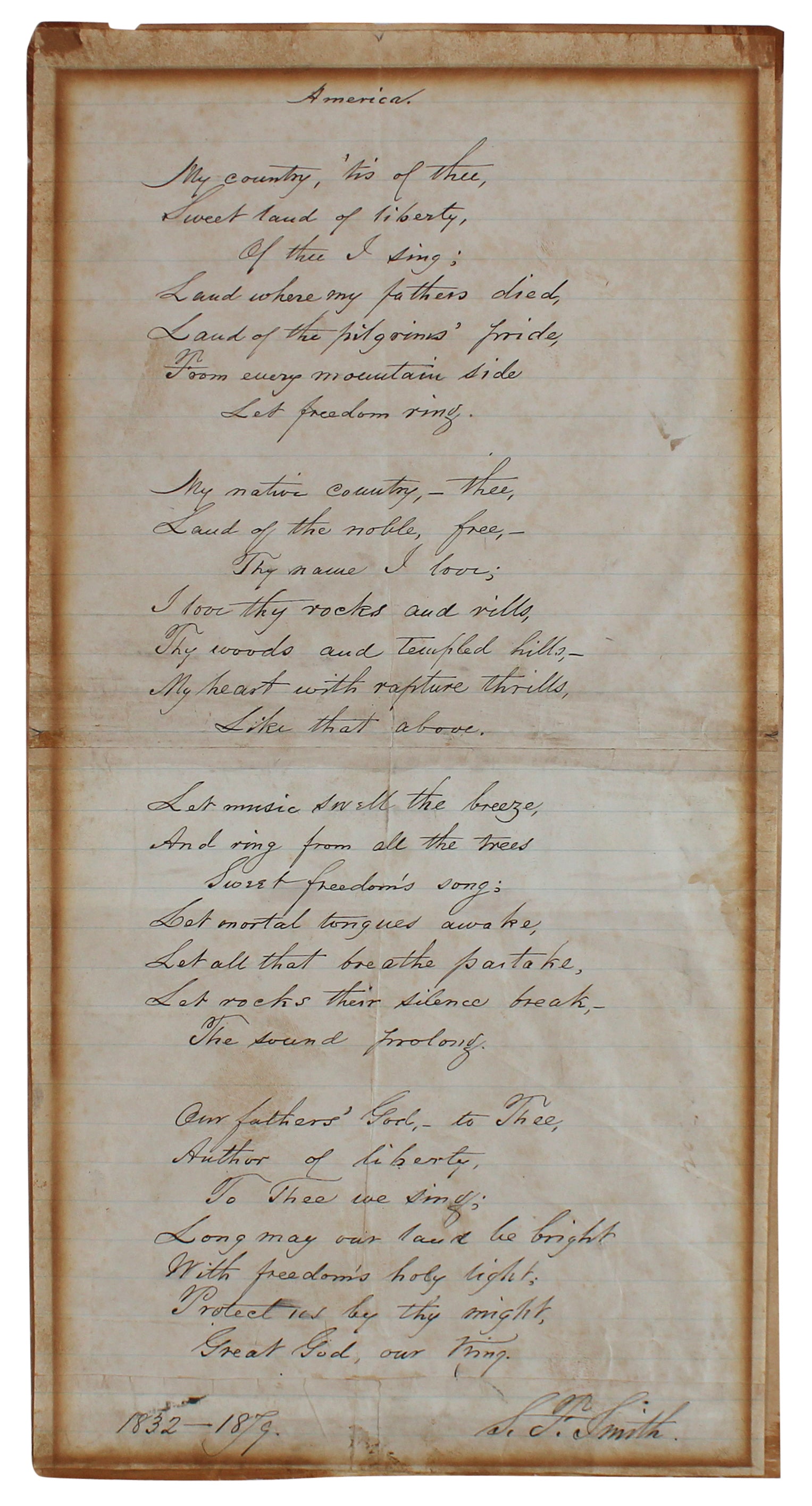 Samuel Francis Smith Signed 7.5x14.25 Hand Written Poem Auto Graded 10! BAS