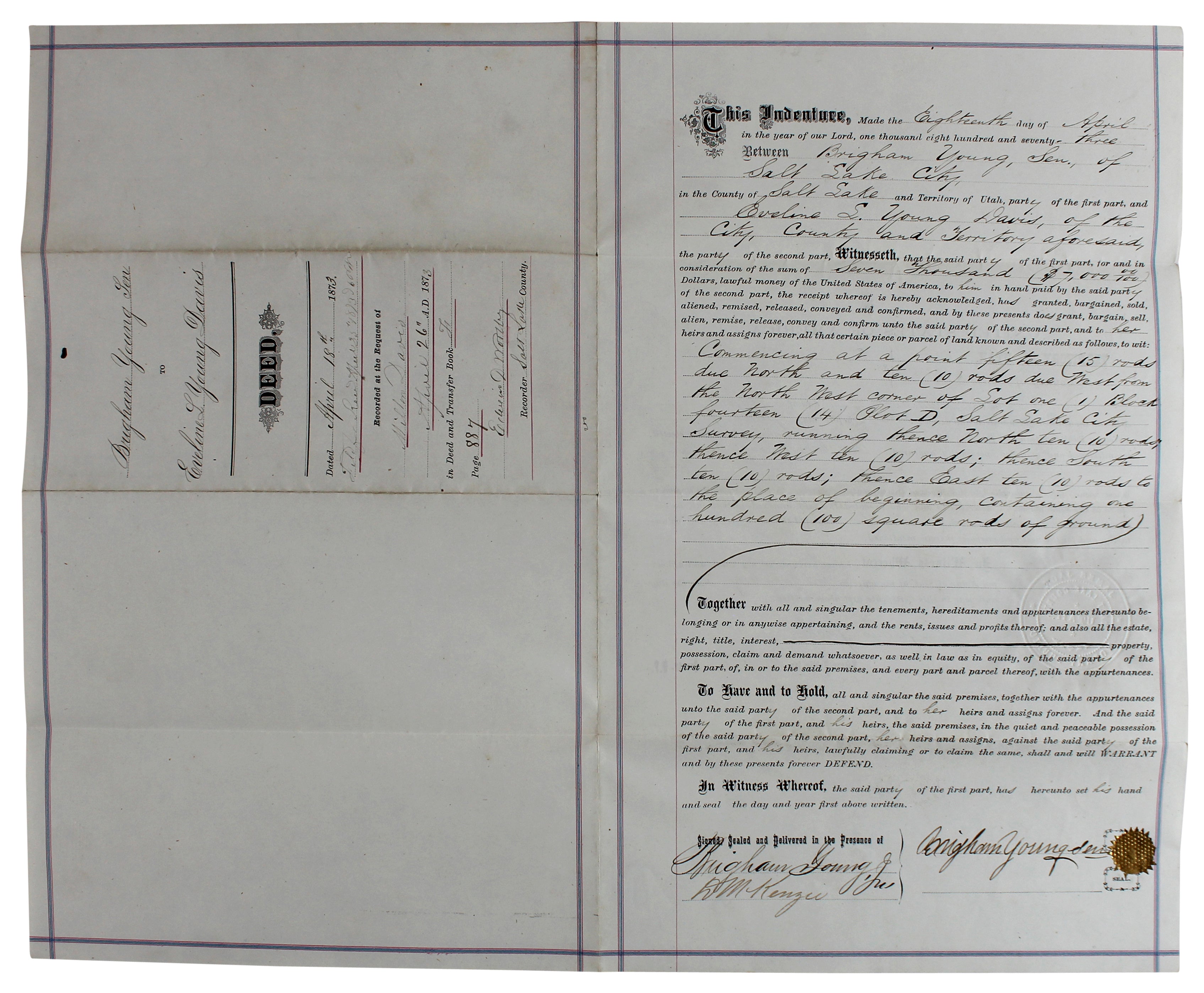 Brigham Young Authentic Signed 7.5x14.5 1873 Land Deed Document BAS #AB77797