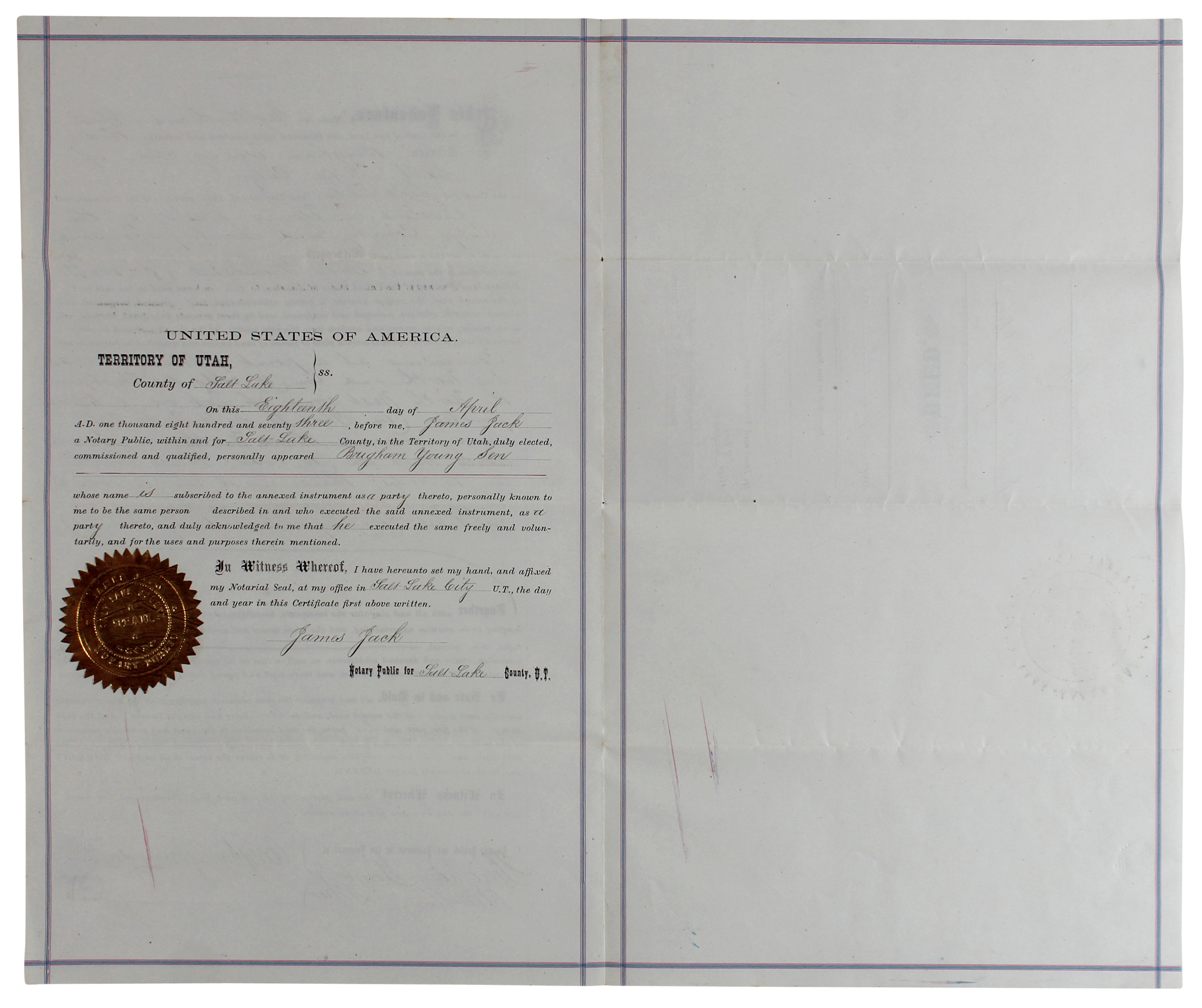 Brigham Young Authentic Signed 7.5x14.5 1873 Land Deed Document BAS #AB77797