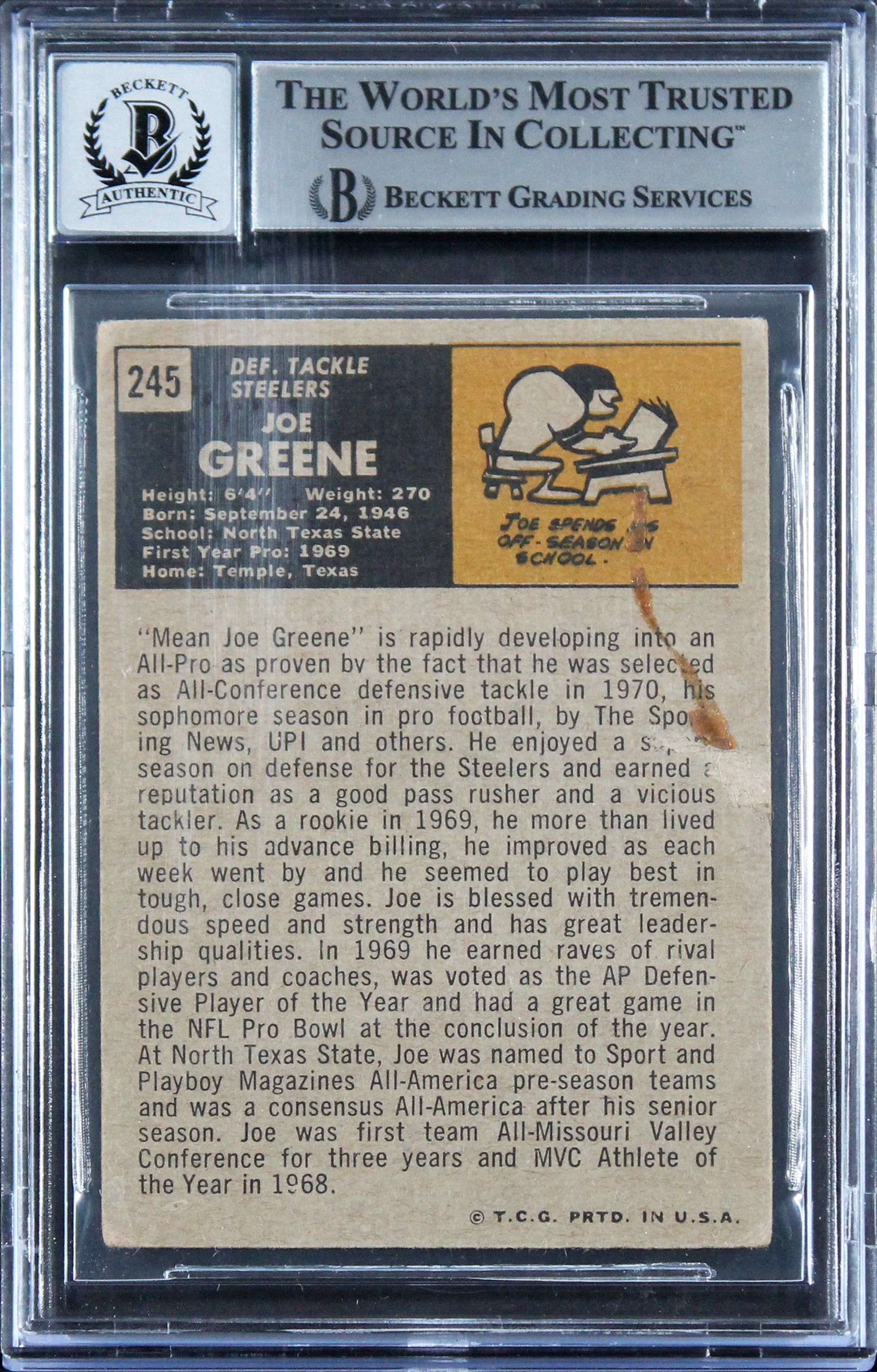 Steelers Joe Greene "HOF 87" Signed 1971 Topps #245 RC Auto 10! BAS Slabbed 1