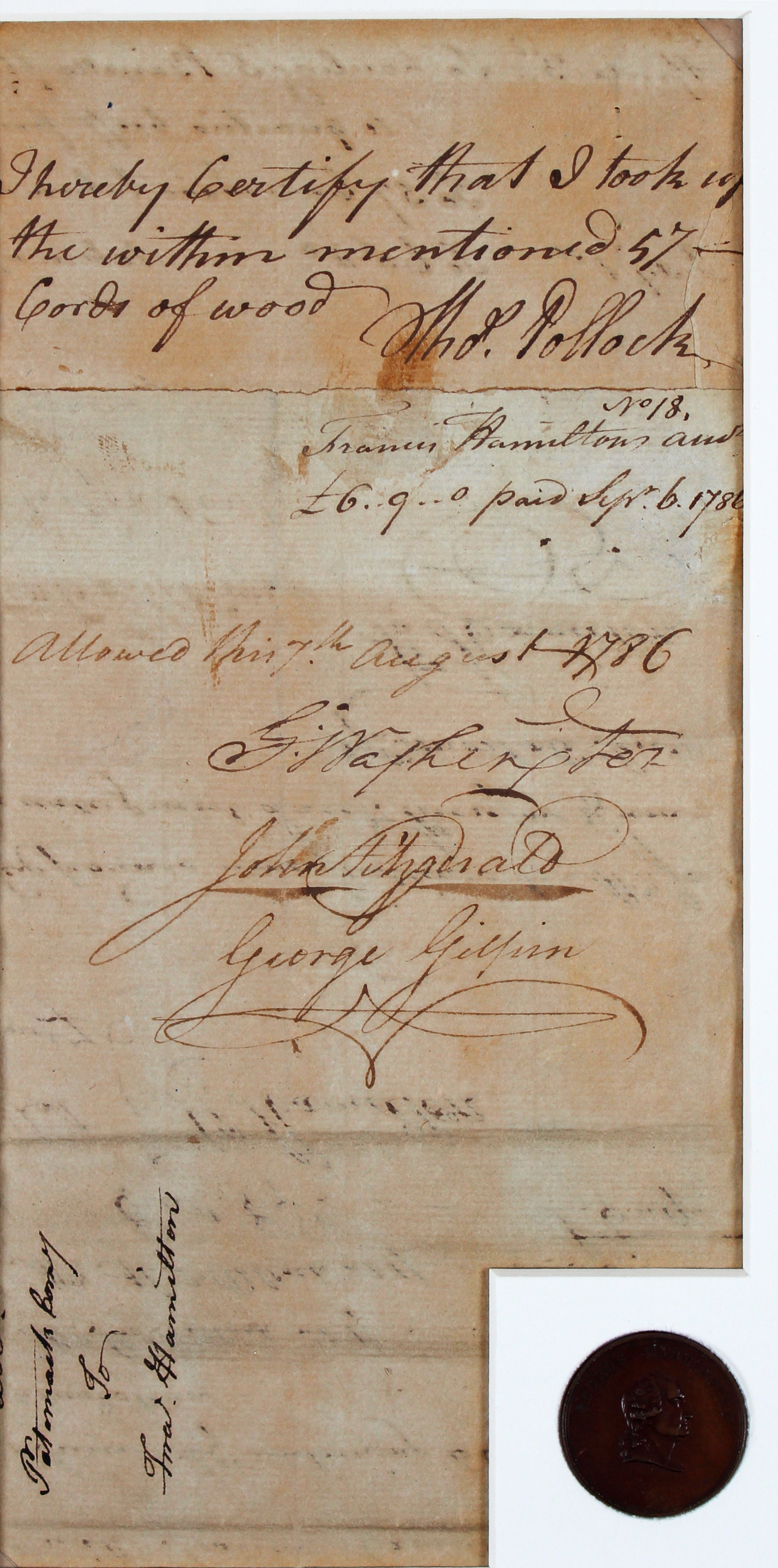 George Washington Authentic Signed & Matted 1786 4.75x10 Document BAS #AB76860