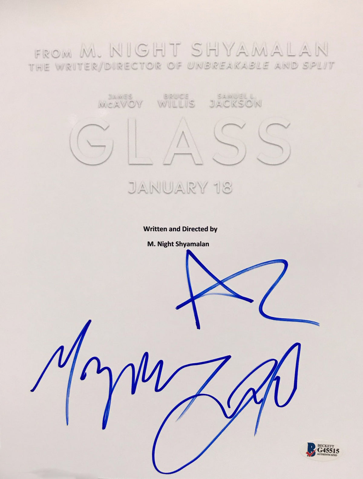 Glass (3) Shyamalan, McAvoy & Taylor Joy Signed Movie Script Cover BAS #G45515