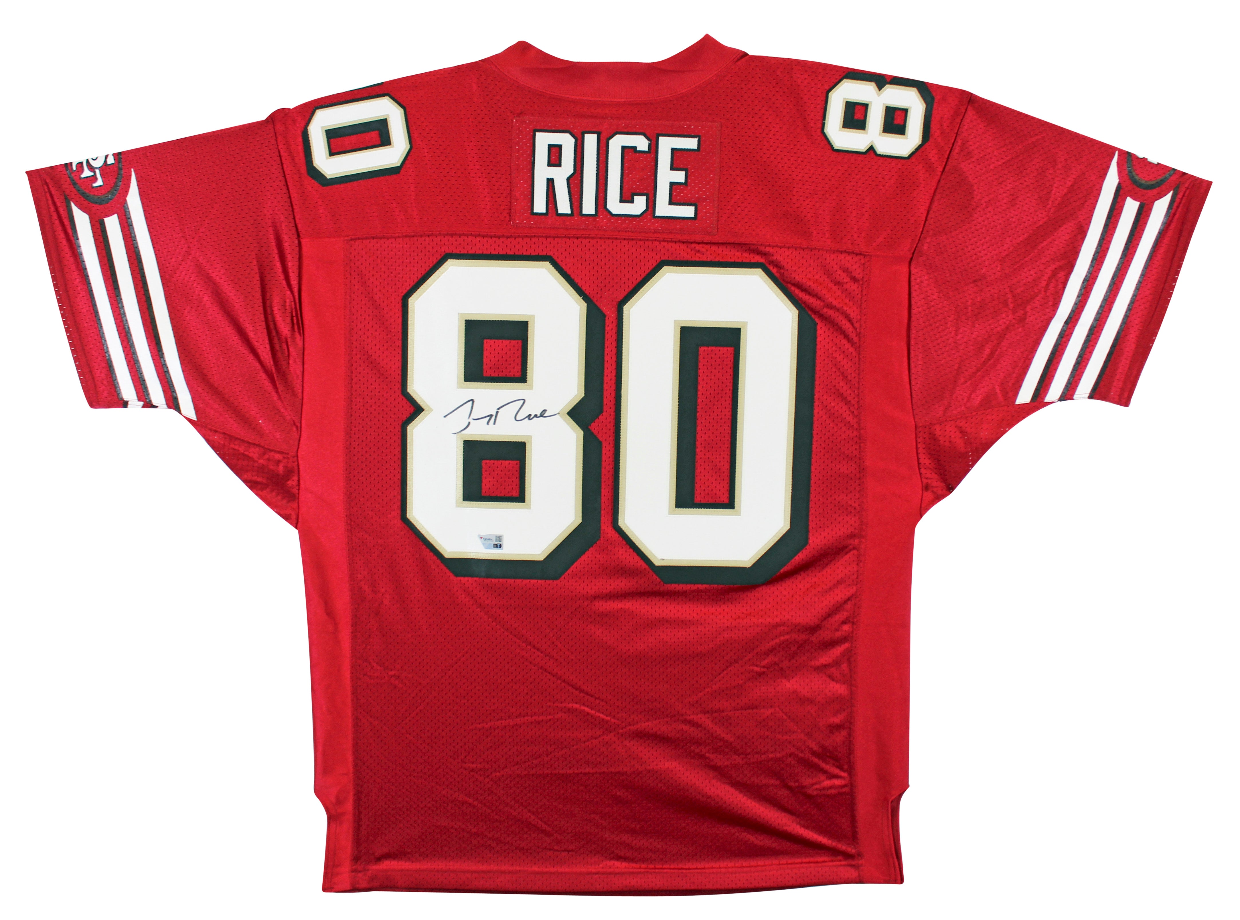 49ers Jerry Rice Signed Red Adidas TB Jersey w/ Dropshadow Fanatics #DQ16477950