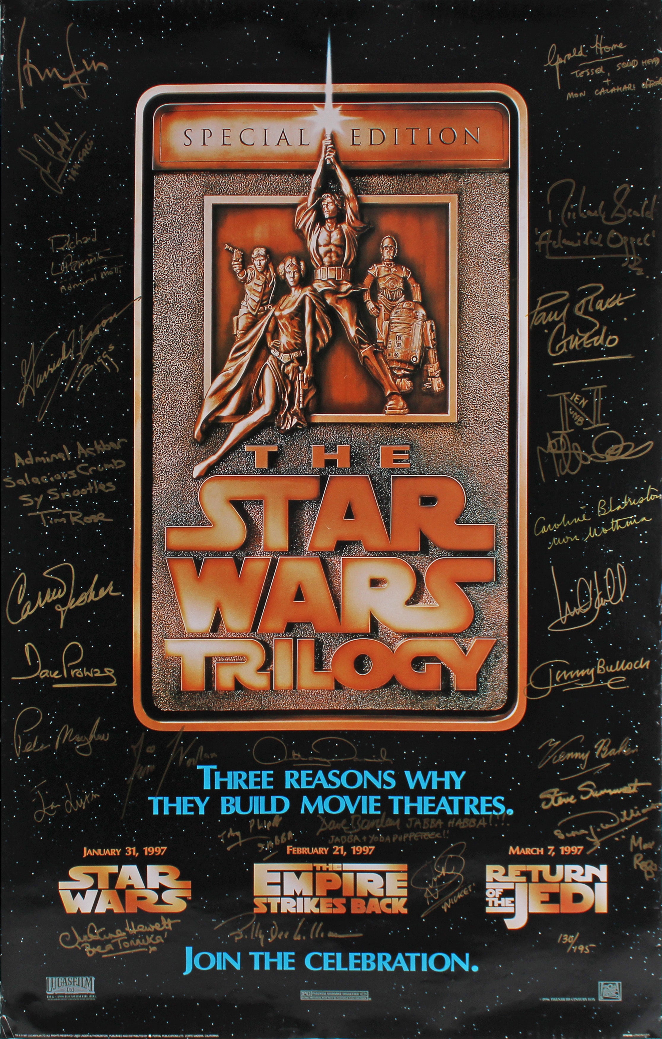 (27) Hamill, Ford, Fisher Signed 24x38 Star Wars Trilogy Poster LE #130/195 JSA