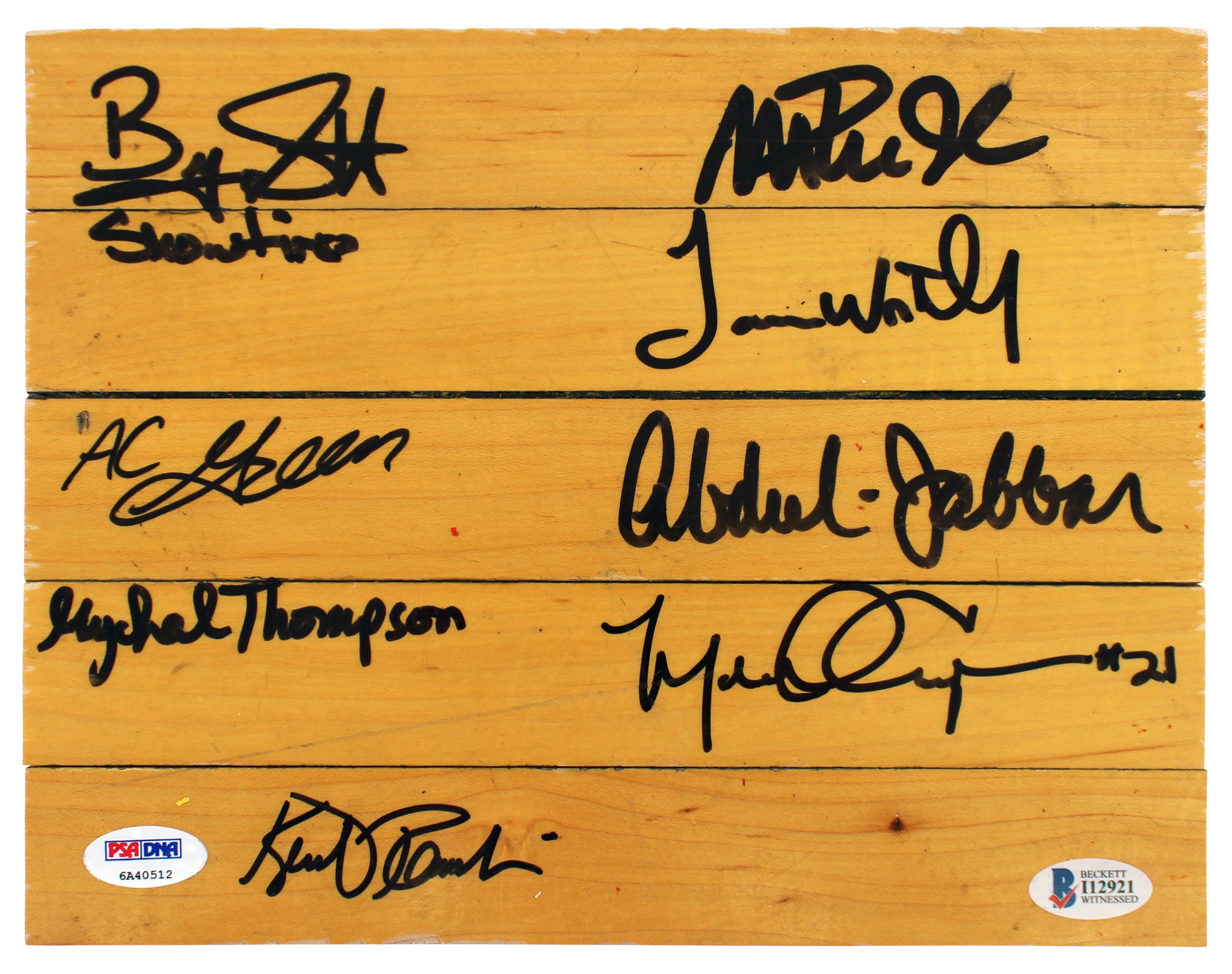 Showtime Lakers (8) Magic, Kareem +6 Signed 8x10 Forum Floorboard PSA & BAS 2