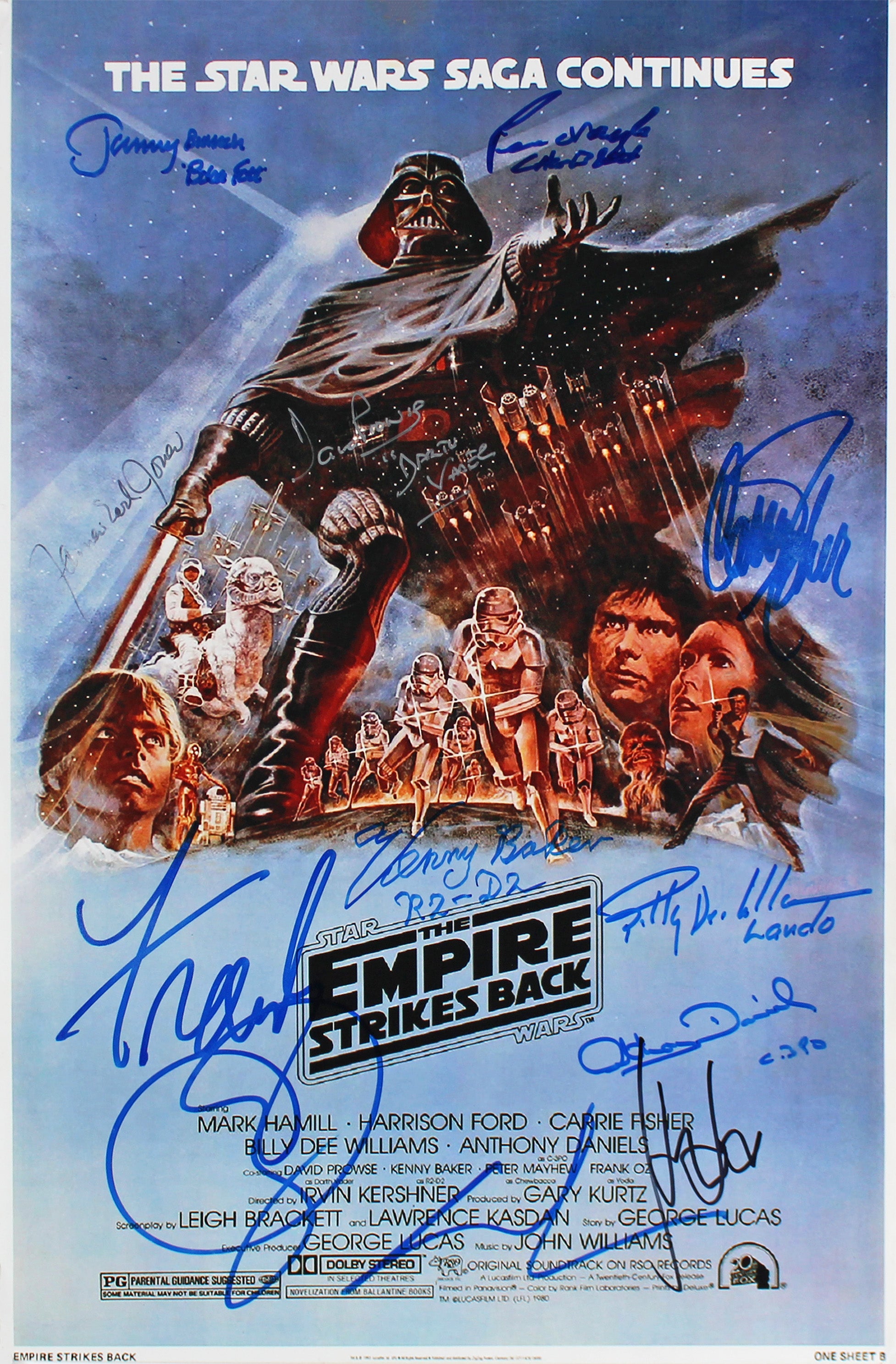 (11) Ford, Fisher, Lucas, Oz, Jones +6 12x18 Star Wars ESB Poster BAS #A39275