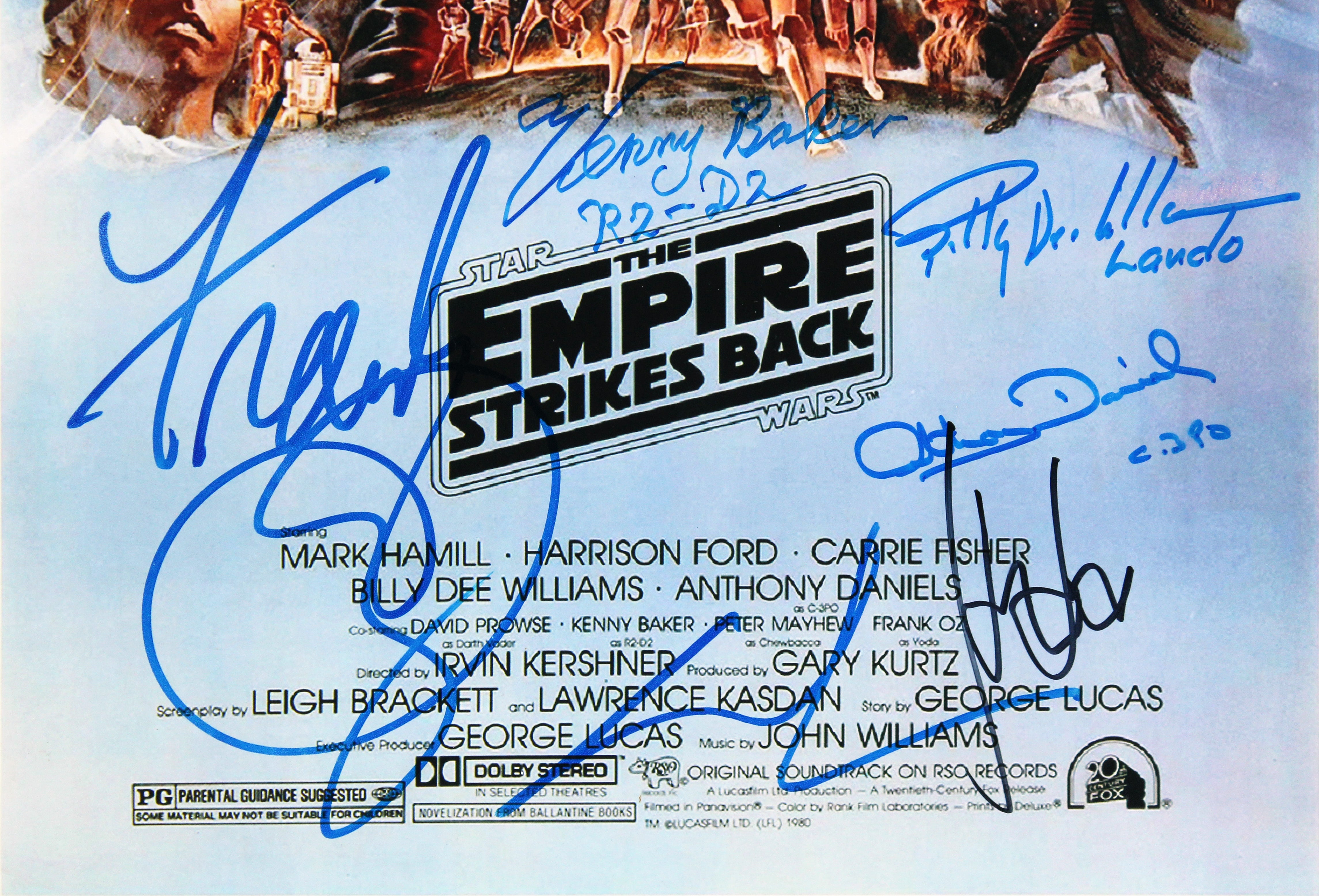 (11) Ford, Fisher, Lucas, Oz, Jones +6 12x18 Star Wars ESB Poster BAS #A39275