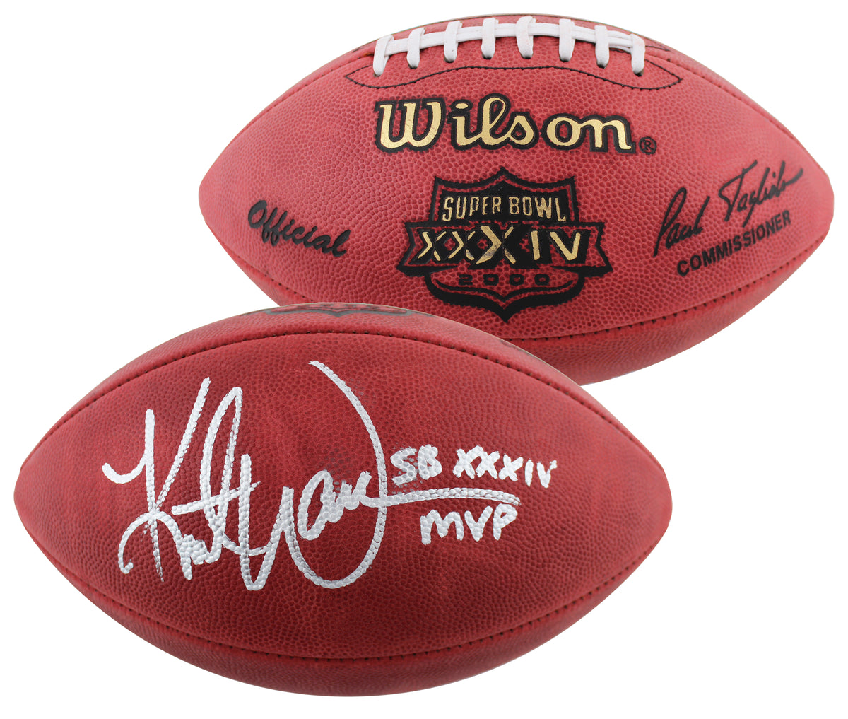 Rams Kurt Warner "SB XXXIV MVP" Signed Official  SB Logo Nfl Football BAS Wit