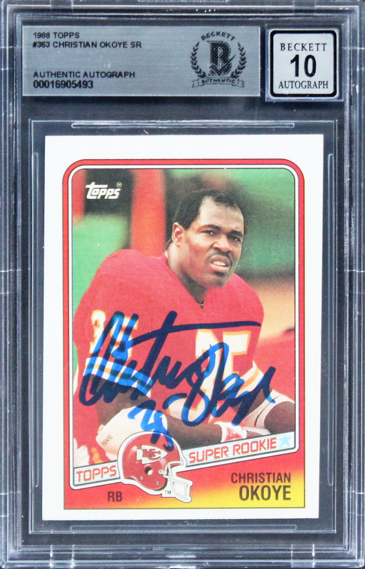 Chiefs Christian Okoye Signed 1988 Topps #363 Rookie Card Auto 10! BAS Slabbed