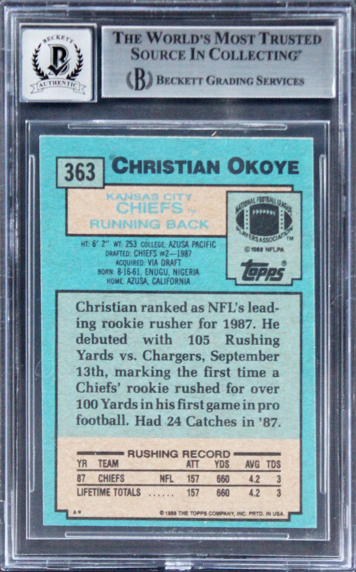 Chiefs Christian Okoye Signed 1988 Topps #363 Rookie Card Auto 10! BAS Slabbed