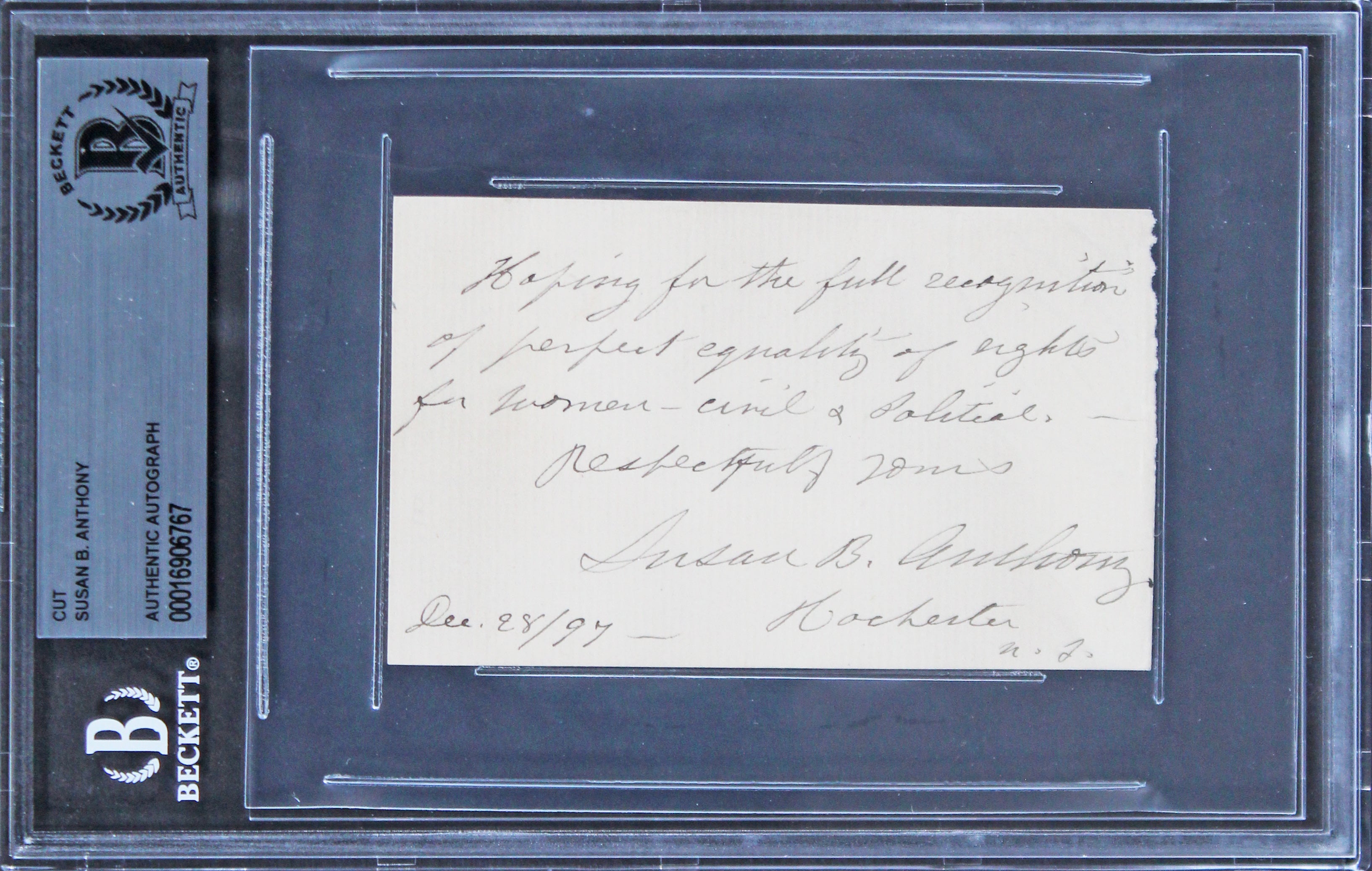 Susan B. Anthony "Vote for Woman Suffrage" Signed 2.5x4 Cut Signature BAS Slab