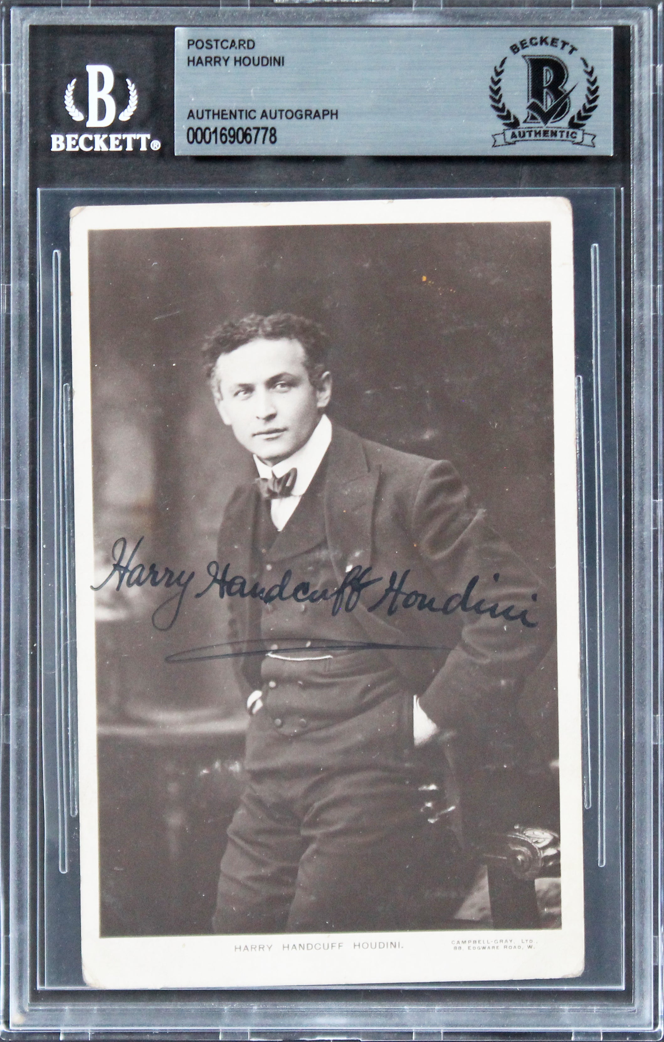 Harry Houdini "Handcuff" Authentic Signed 3.5x5.5 Postcard BAS Slabbed